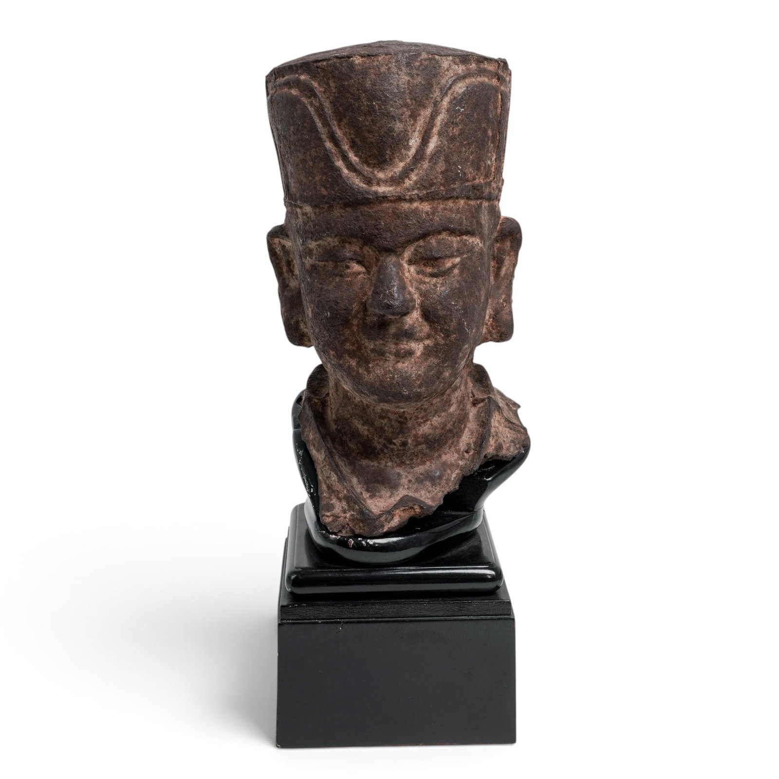Chinese Ming Period Cast Iron Head of a Court Official: Chinese Ming Period Cast Iron Head of a Court Official 15th-16th century, Chinese Larger than life-size Ming official wearing court hat and remains of robe around neck with large lobed ears. This