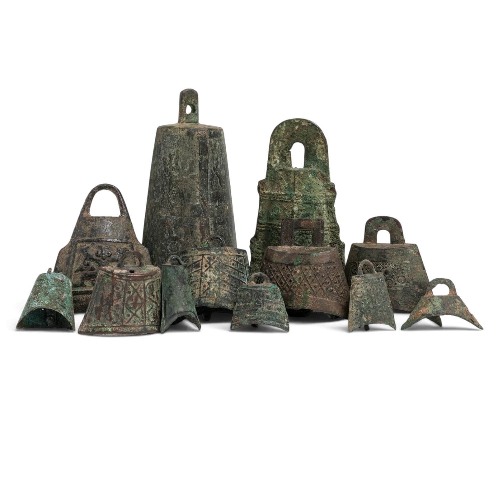 (12 pcs) Rare Collection of Chinese Archaic Bronze Bells in Japanese Collection Box: (12 pcs) Rare Collection of Chinese Archaic Bronze Bells in Japanese Collection Box Western Zhou Dynasty, Archaic Each bell is cast with different archaic designs from geometric patterns to masks,