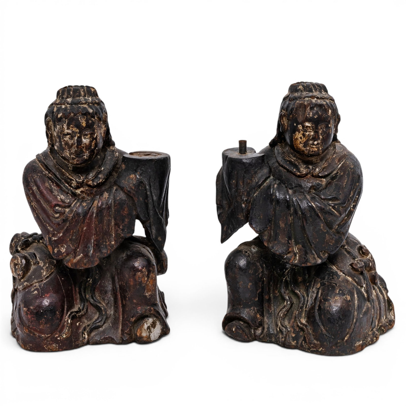 Pair of Chinese Ming Lacquered Temple Attendants: Pair of Chinese Ming Lacquered Temple Attendants Ming period, Chinese Pair of Chinese Ming period temple attendants Both holding presentation cloth and polychrome lacquer over wood. Matched pair are