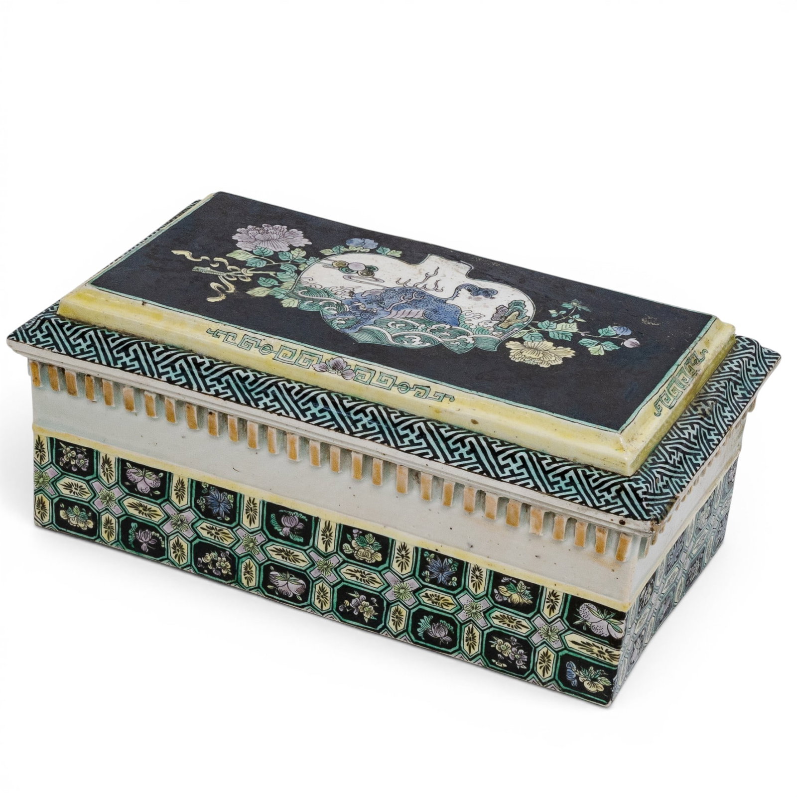 Chinese Famille Verte Porcelain Stand: Chinese Famille Verte Porcelain Stand Kangxi or later, Chinese Chinese famille verte porcelain stand. This rectangular stand with two raised borders at top and raised center band with lower section