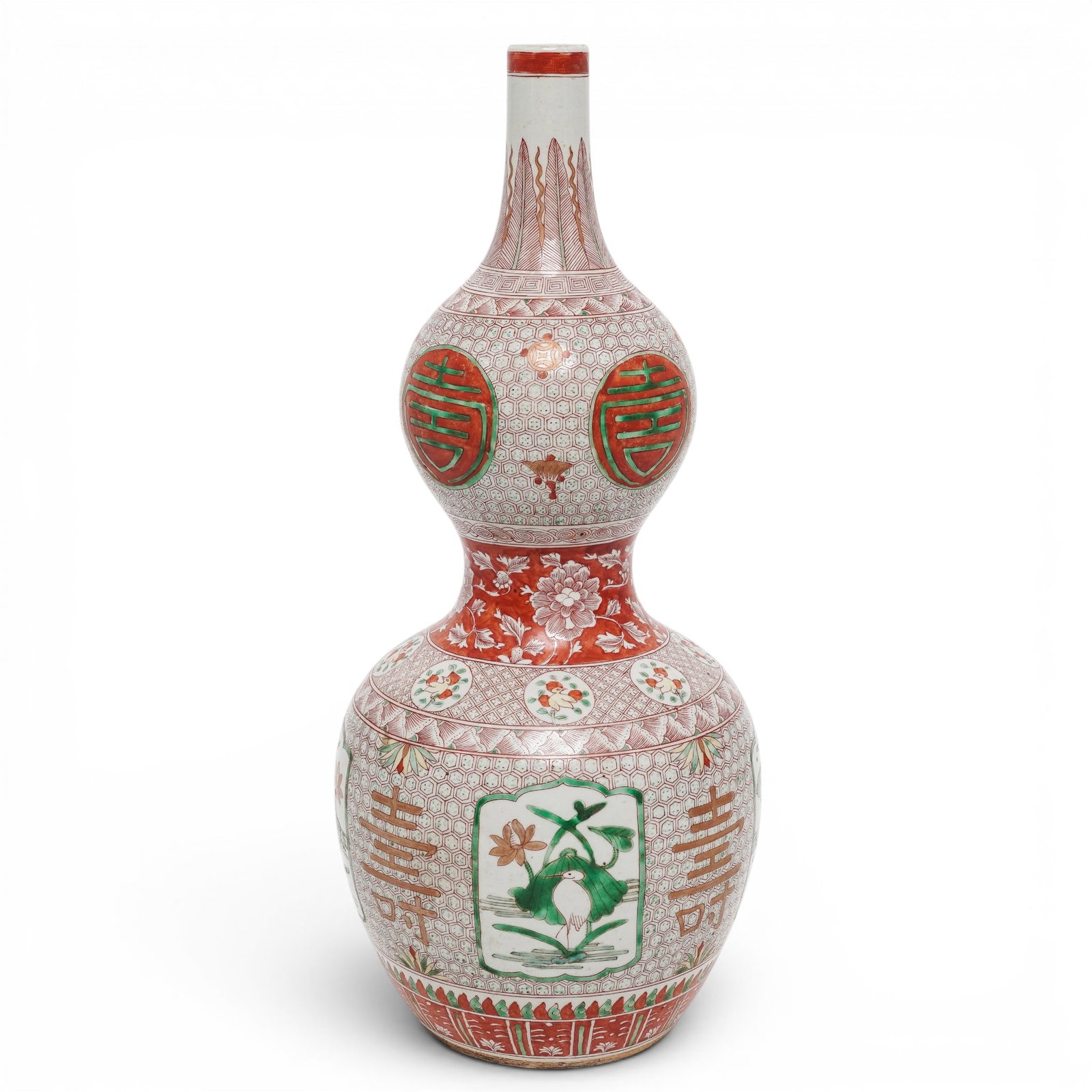 Chinese Wucai Glaze Double Gourd Bottle Vase: Chinese Wucai Glaze Double Gourd Bottle Vase 19th century, Chinese Chinese Wucai glazed double gourd bottle vase, the upper section with honeycomb pattern and four panels with Chinese characters. The