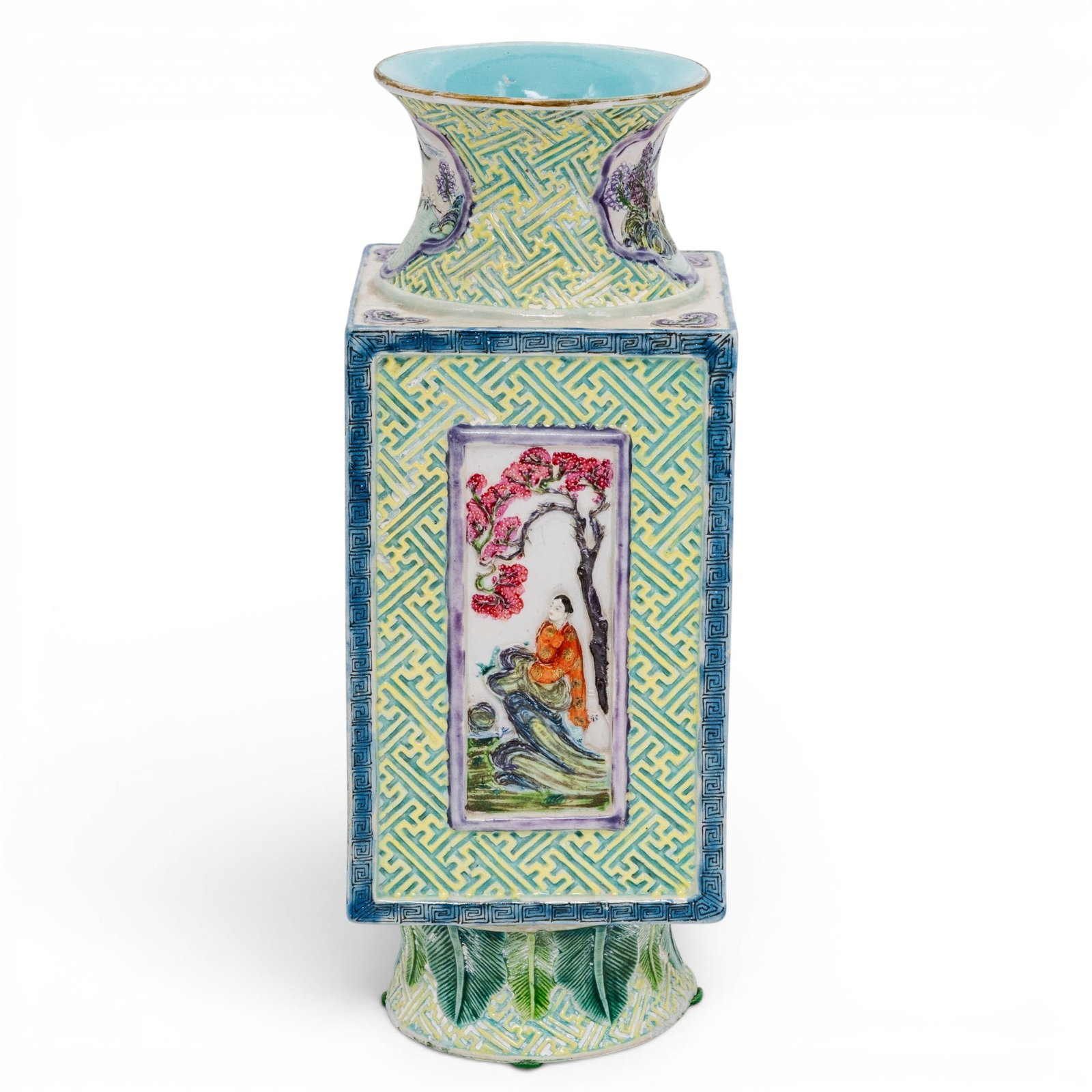 Chinese Famille Rose Molded Square Vase: Chinese Famille Rose Molded Square Vase 19th-early 20th century, Chinese This vase with four raised panels of scholars in landscapes. The background with geometric raised patterns and the neck