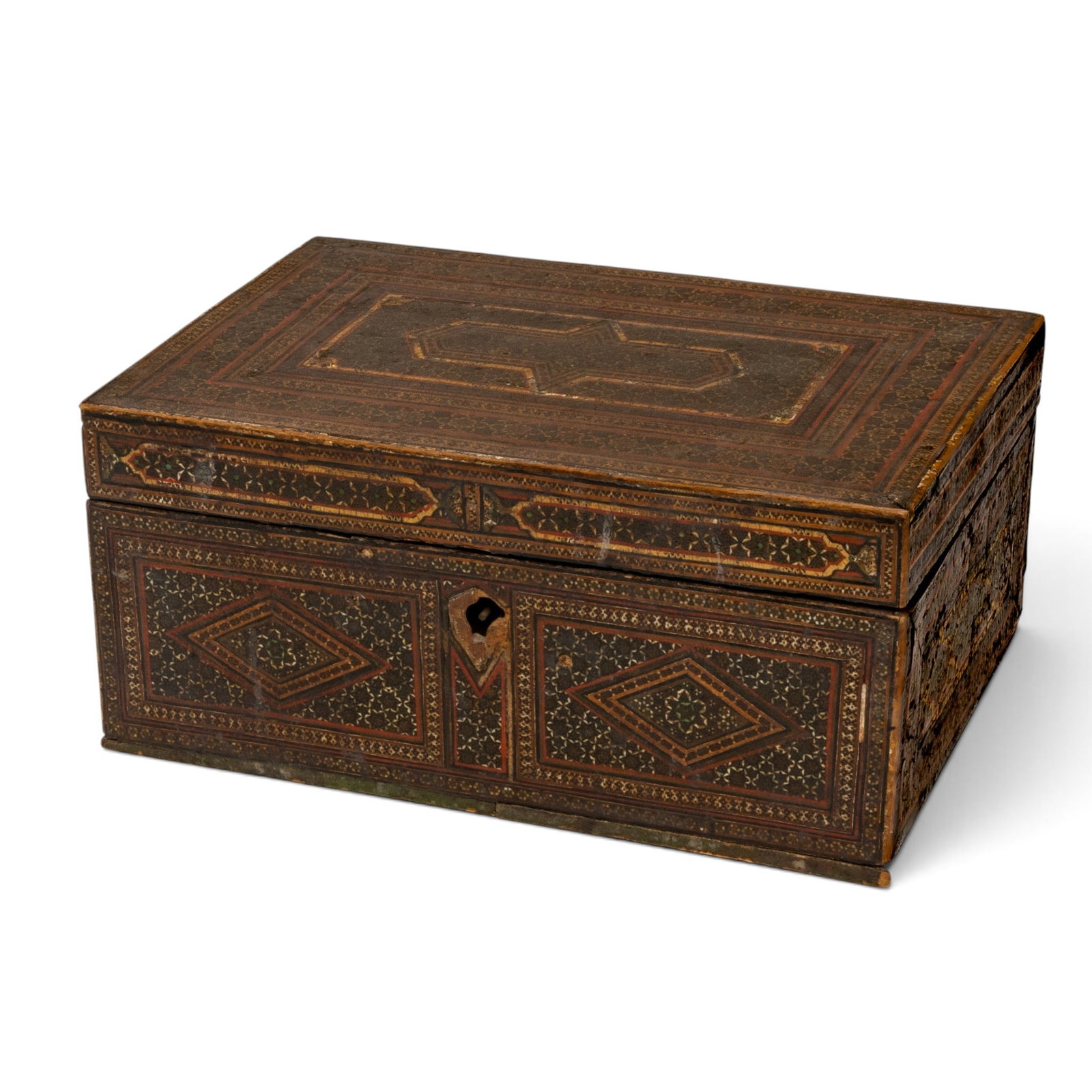 Antique Persian Inlaid & Lacquered Hinged Box: Antique Persian Inlaid & Lacquered Hinged Box Late 19th-early 20th century, Persian Antique Persian inlaid and lacquered hinged box. Fine geometric inlays covering all sides, appears to have a clear l