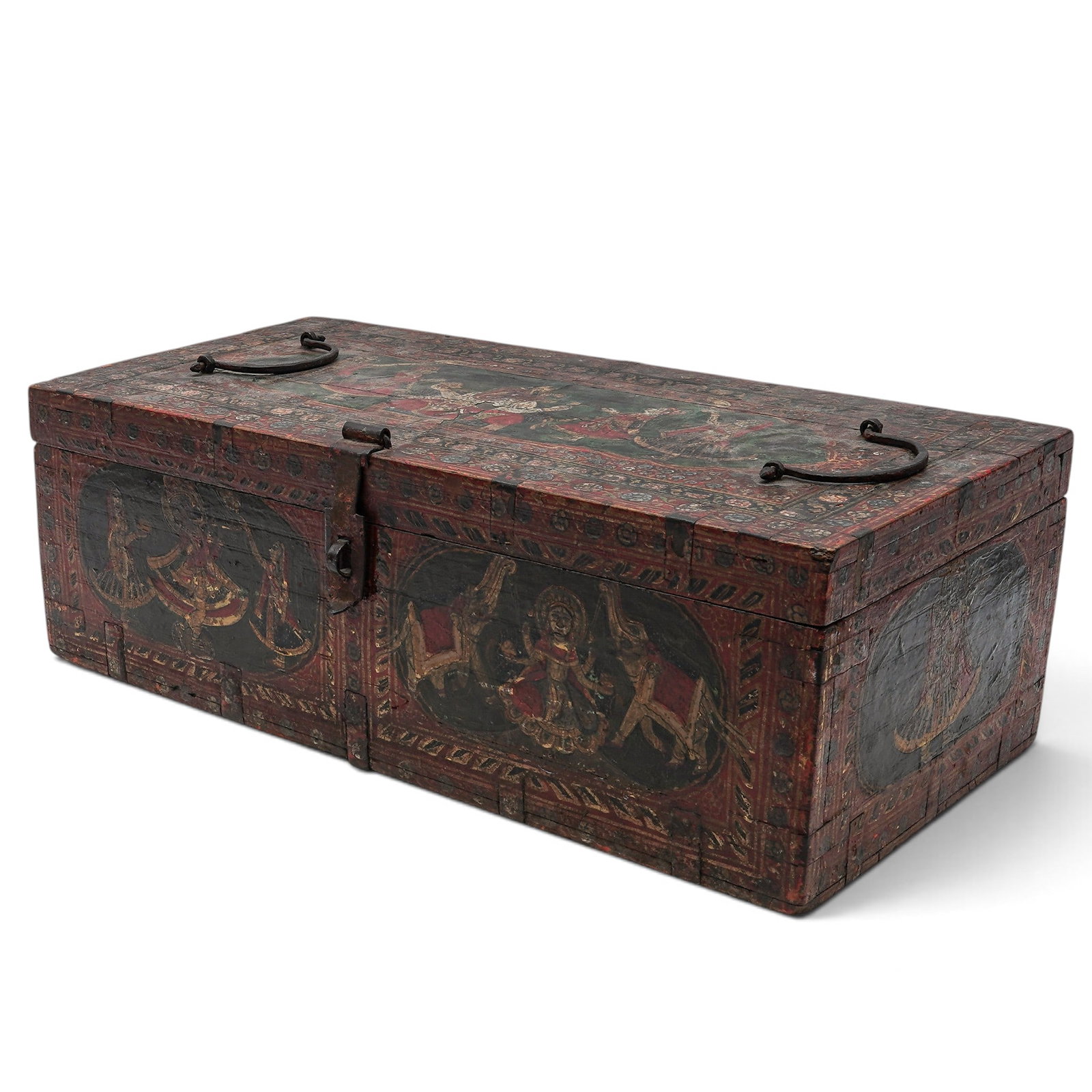 Lacquered Indian Rectangular Wood Box: Lacquered Indian Rectangular Wood Box Late 19th-early 20th century, Indian This box is made of a hardwood with iron handles, lock plate, and straps. Features scenes of Ganesha seated worshippers and s