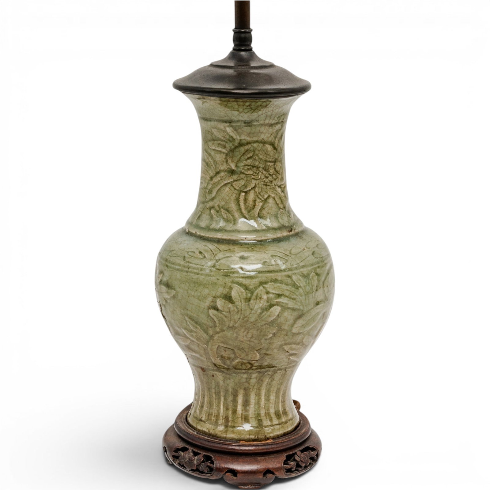 Chinese Ming Celadon Baluster Form Vase: Chinese Ming Celadon Baluster Form Vase 15th-16th century (Ming dynasty), Chinese Heavily potted vase with relief carved floral design, glazed with a an earthy light green crackle glaze. Now mounted a