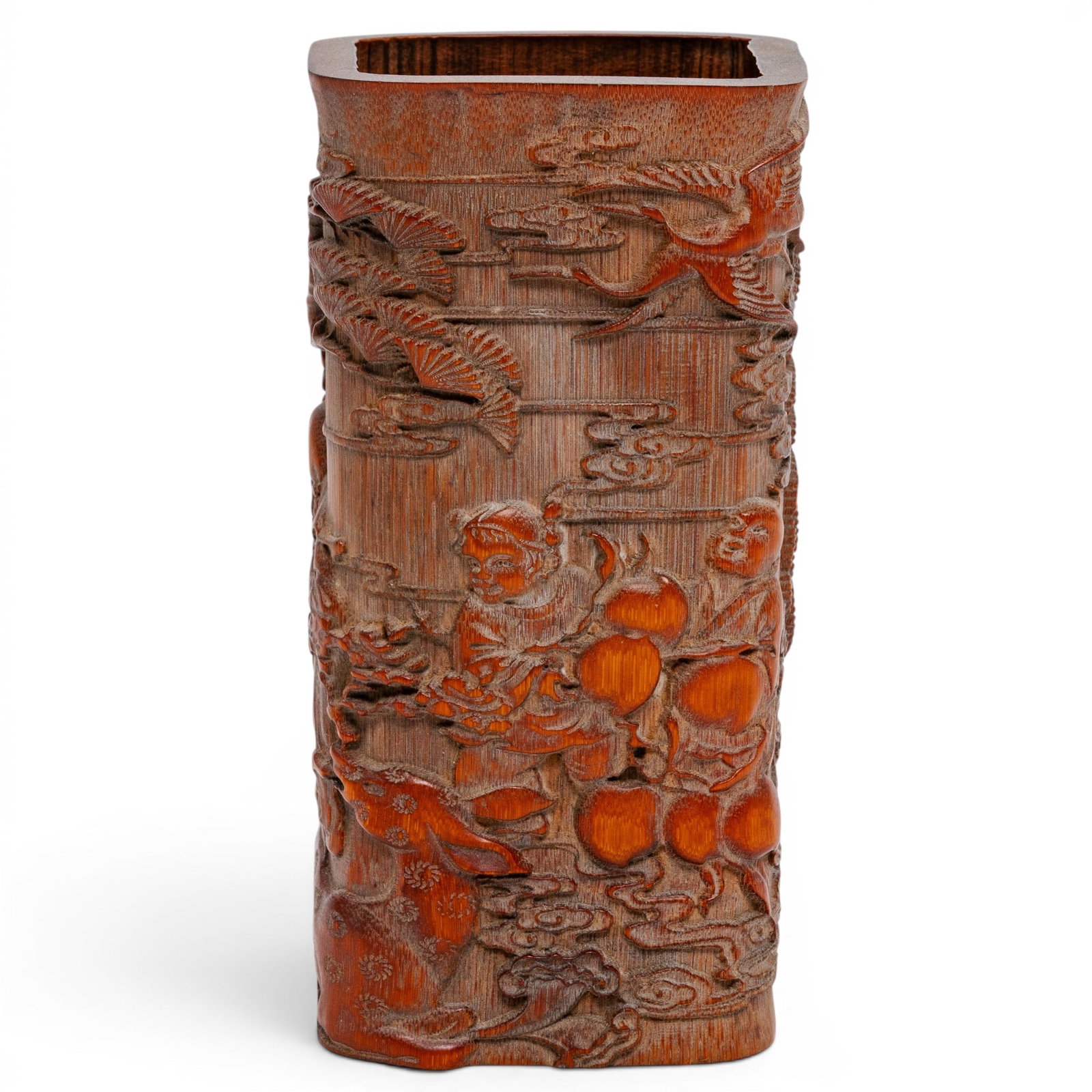 Chinese Molded Bamboo Brush Pot: Chinese Molded Bamboo Brush Pot 19th-early 20th century, Chinese This unusually shaped brush pot with square form and rounded corners is finely carved with Shou Lao, deer, staff, and an attendant