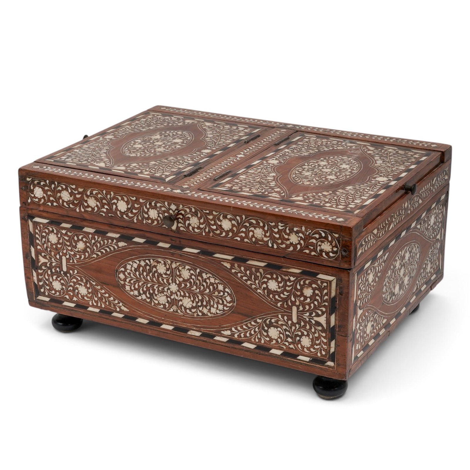 Anglo-Indian Wood Holy Book Box w/ Inlay of Horn & Bone: Anglo-Indian Wood Holy Book Box w/ Inlay of Horn & Bone Late 19th-early 20th century, Indian Anglo-Indian wood holy book box with inlay of horn and bone. Raised on bun feet with original old brass
