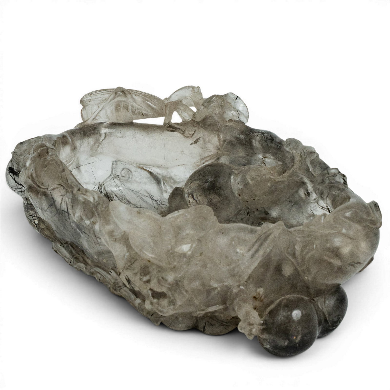 Chinese Carved Rutilated Quartz Brush Washer: Chinese Carved Rutilated Quartz Brush Washer Late 18th-early 19th century, Chinese A Qing Dynasty Rutilated quartz featuring carved Lotus leaves and buds, with praying mantis carved accent. Inside is