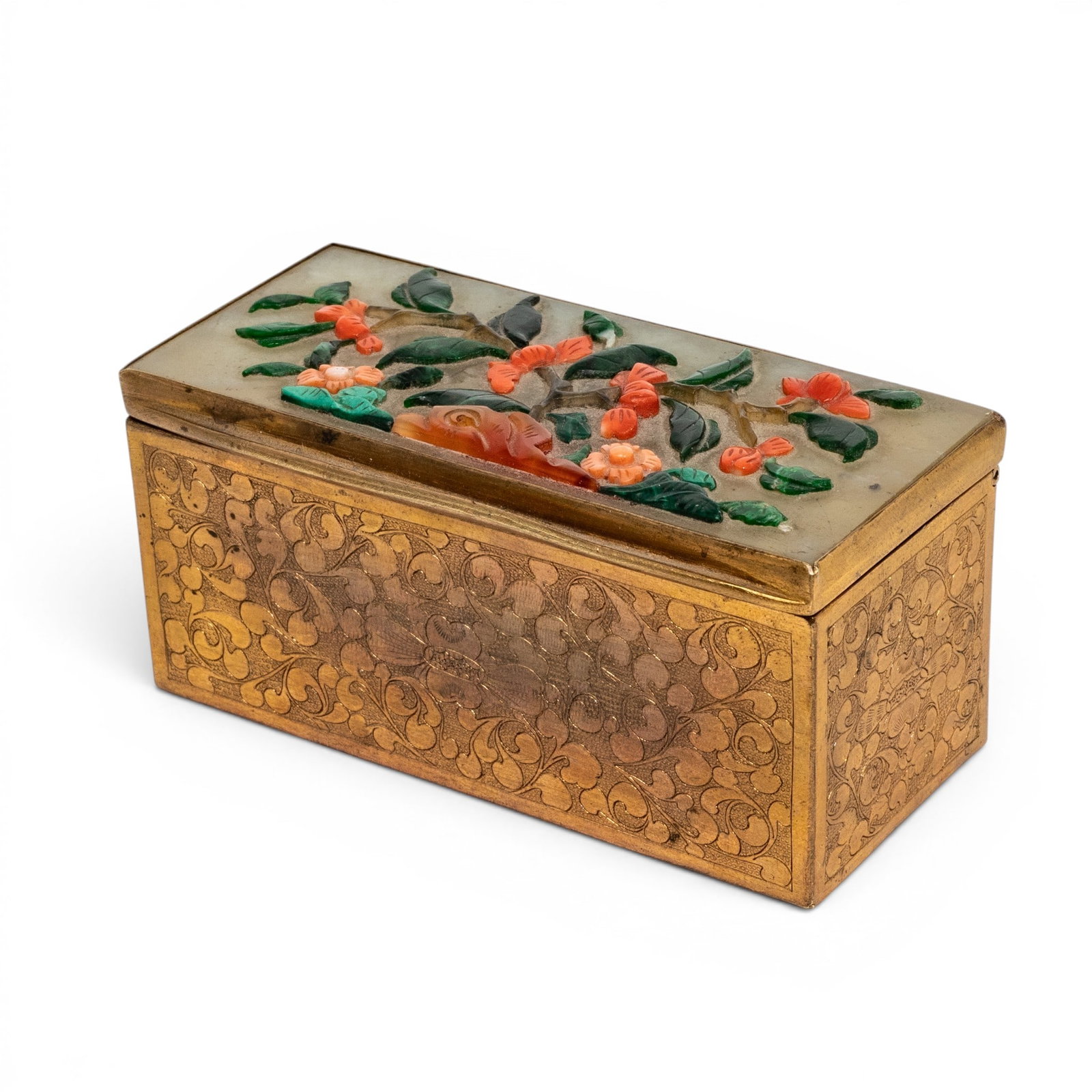 Antique Chinese Jade Inlaid Gilt Bronze Stamp Box: Antique Chinese Jade Inlaid Gilt Bronze Stamp Box Late Qing Dynasty, Chinese An antique Chinese Qing dynasty jade inlaid gilt bronze stamp box with hinged lid, opens to reveal three divided reservoirs