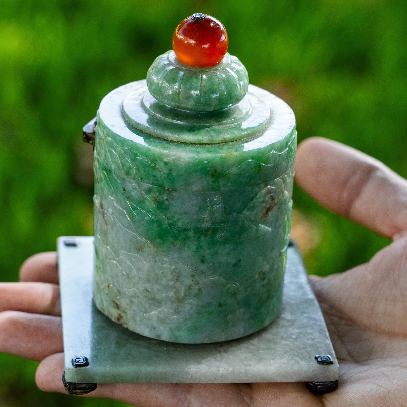 Chinese Jadeite Inkwell w/ Fine Landscape Carved Scene, Mounted Yamanaka & Co. Japan: Chinese Jadeite Inkwell w/ Fine Landscape Carved Scene, Mounted Yamanaka & Co. Japan 1930s, Japanese An Yamanaka inkwell comprised of Qing dynasty jadeite carved along a cylindrical body with mountain