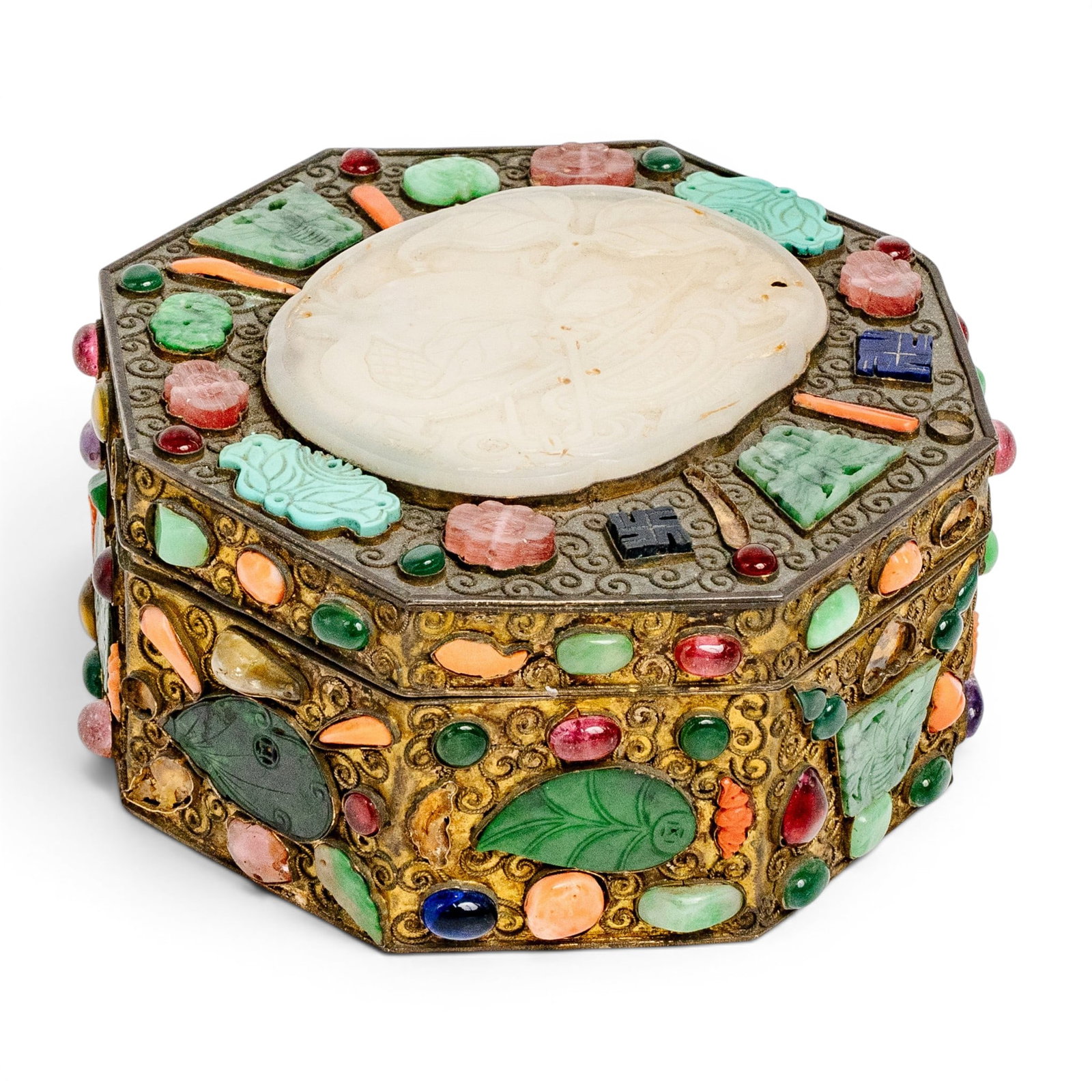 Chinese Gilt Silver Embellished Jeweled Box: Chinese Gilt Silver Embellished Jeweled Box 19th century, possibly older, Chinese Octagonal silver wash metal box adorned on its lid with a large white jade medallion carved to depict a pomegranate in