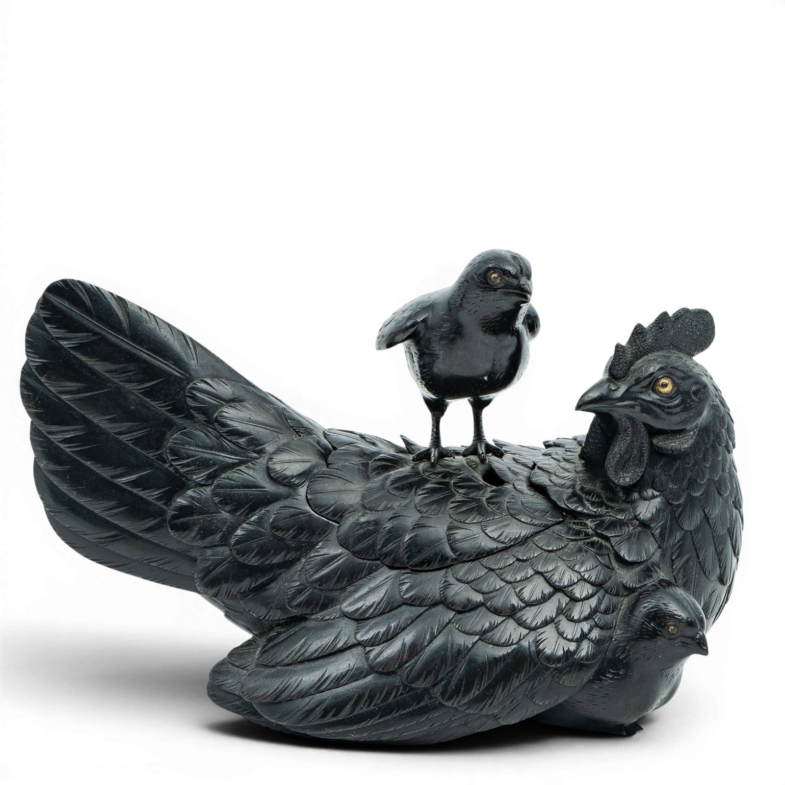 Japanese Meiji Bronze Chicken & Chick Gold Inlay Eyes Censer: Japanese Meiji Bronze Chicken & Chick Gold Inlay Eyes Censer Mid-to late 19th Century Antique finely cast and hand-chased feathers with intricately crafted bronze Meiji censer fashioned as a nestled h