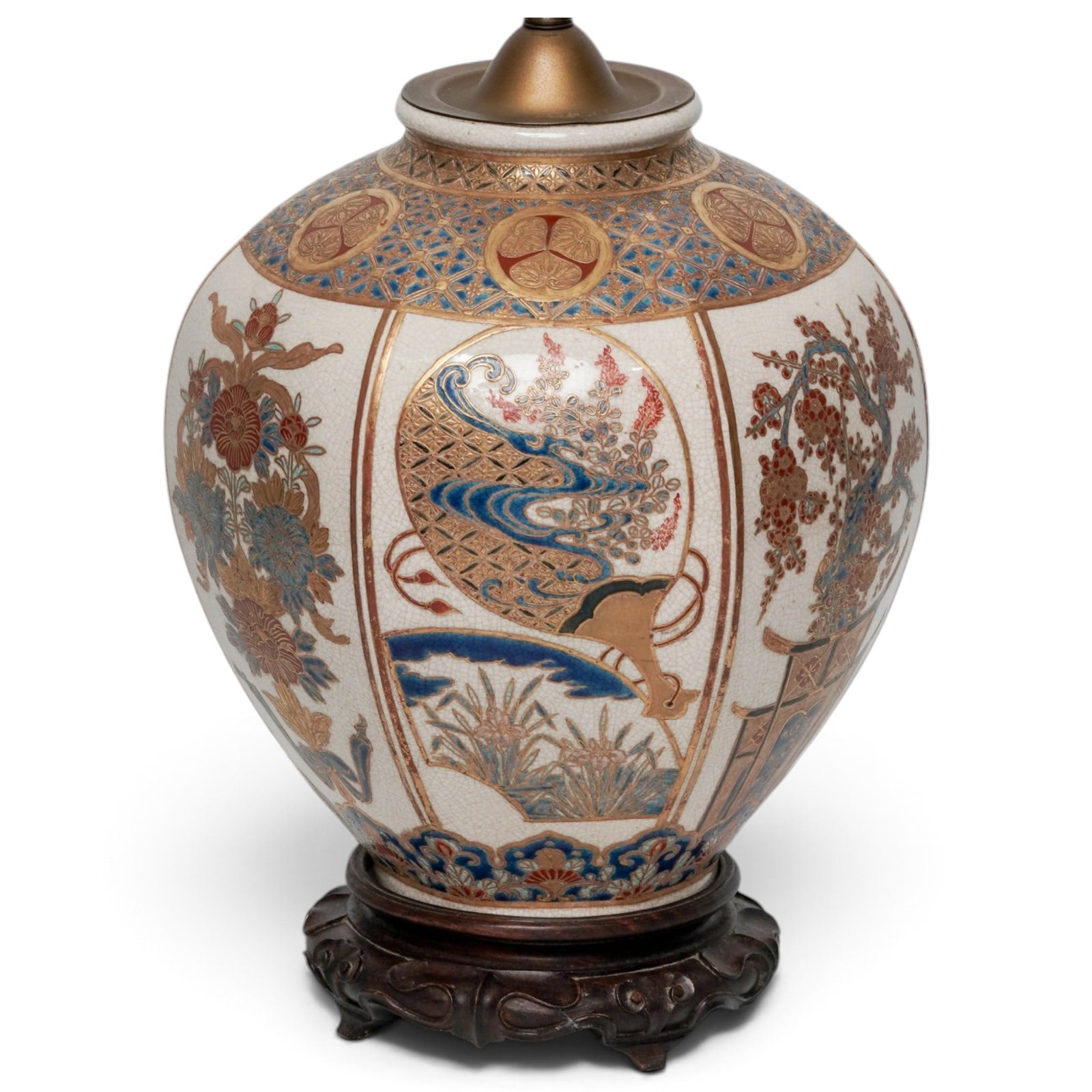 Satsuma Gosu Blue Vase Mounted as Lamp: Satsuma Gosu Blue Vase Mounted as Lamp Late 19th century, Japanese A satsuma Gosu blue vase mounted as a lamp. This six sided vase with each panel painted with fans, scrolls, phoenix, ect.. The top ba