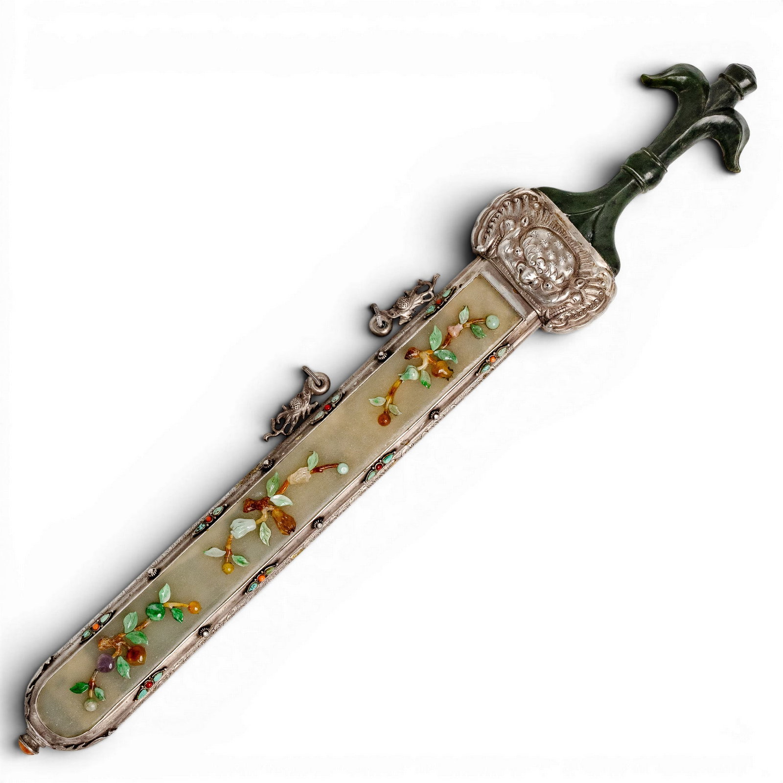 Chinese Mongolian Silver Jade Embellished Knife w/ Sheath: Chinese Mongolian Silver Jade Embellished Knife w/ Sheath Late 19th-early 20th century, Chinese The silver mounts are hand chased with stippling of vines, dragon heads, and Buddhist lion hilt. The two