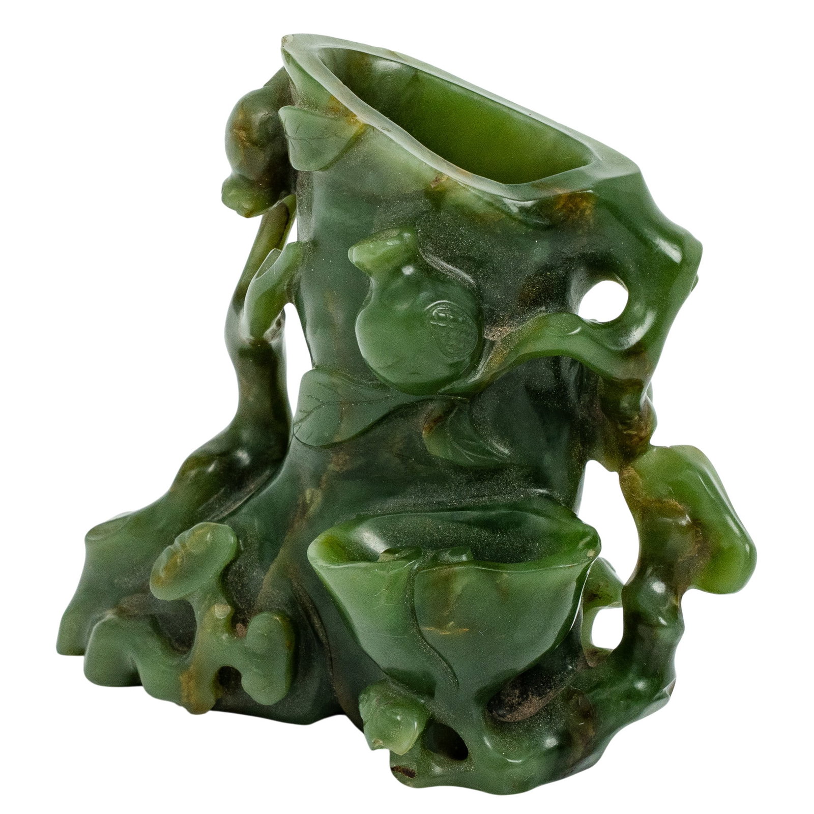 Chinese Spinach Jade 18th Cent. Scholar's Brush Pot: Chinese Spinach Jade 18th Cent. Scholar's Brush Pot 18th century, Chinese Chinese spinach jade scholar's brush pot carved with a tree trunks, pomegranates, Lingzhi design. This finely carved 18th cent