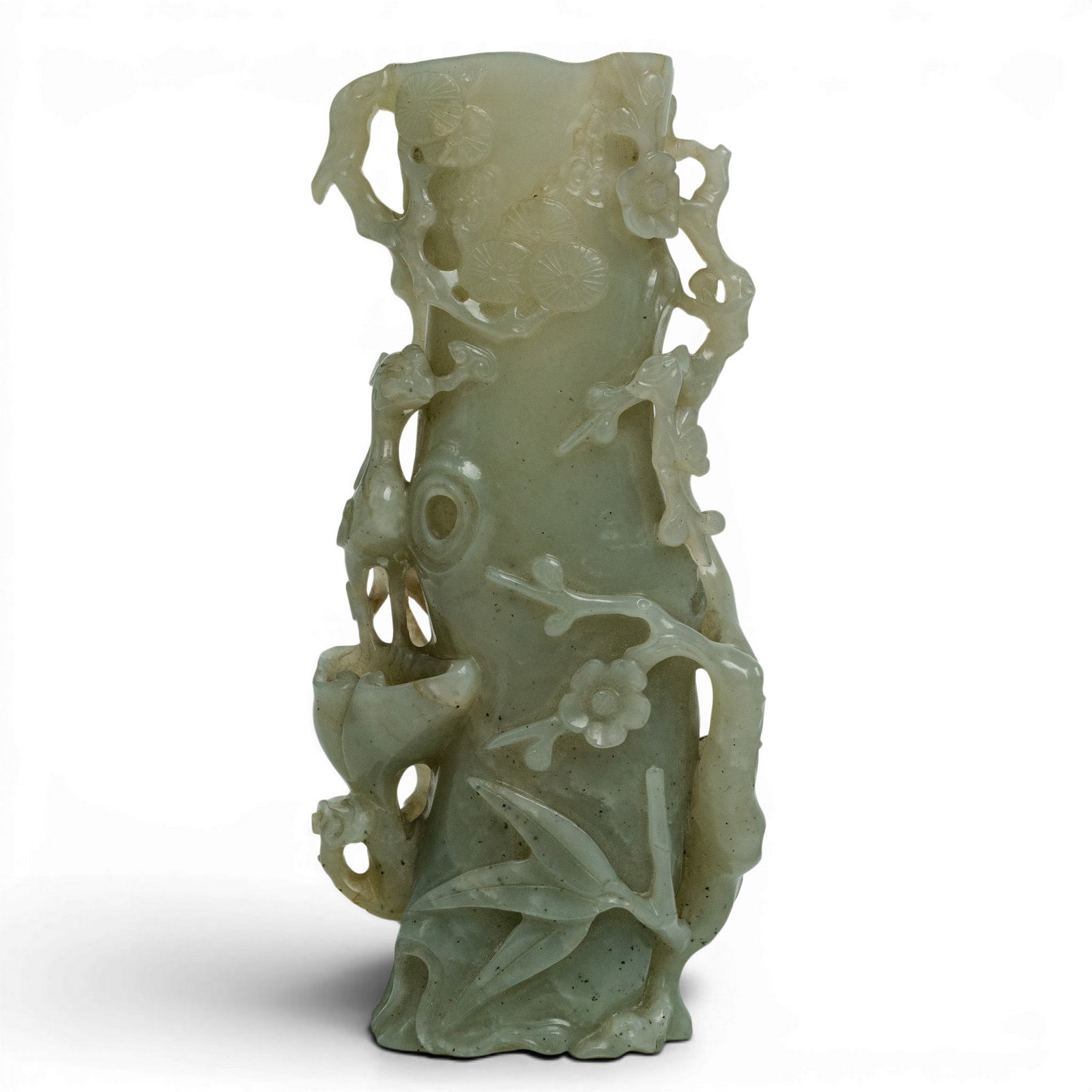 18th Cent. Chinese Jade Tree Form Vase: 18th Cent. Chinese Jade Tree Form Vase 18th century, Chinese Jade vase featuring an overall tree trunk design and decorated with floral designs in low relief, open-work foliage, and a Chinese phoenix 
