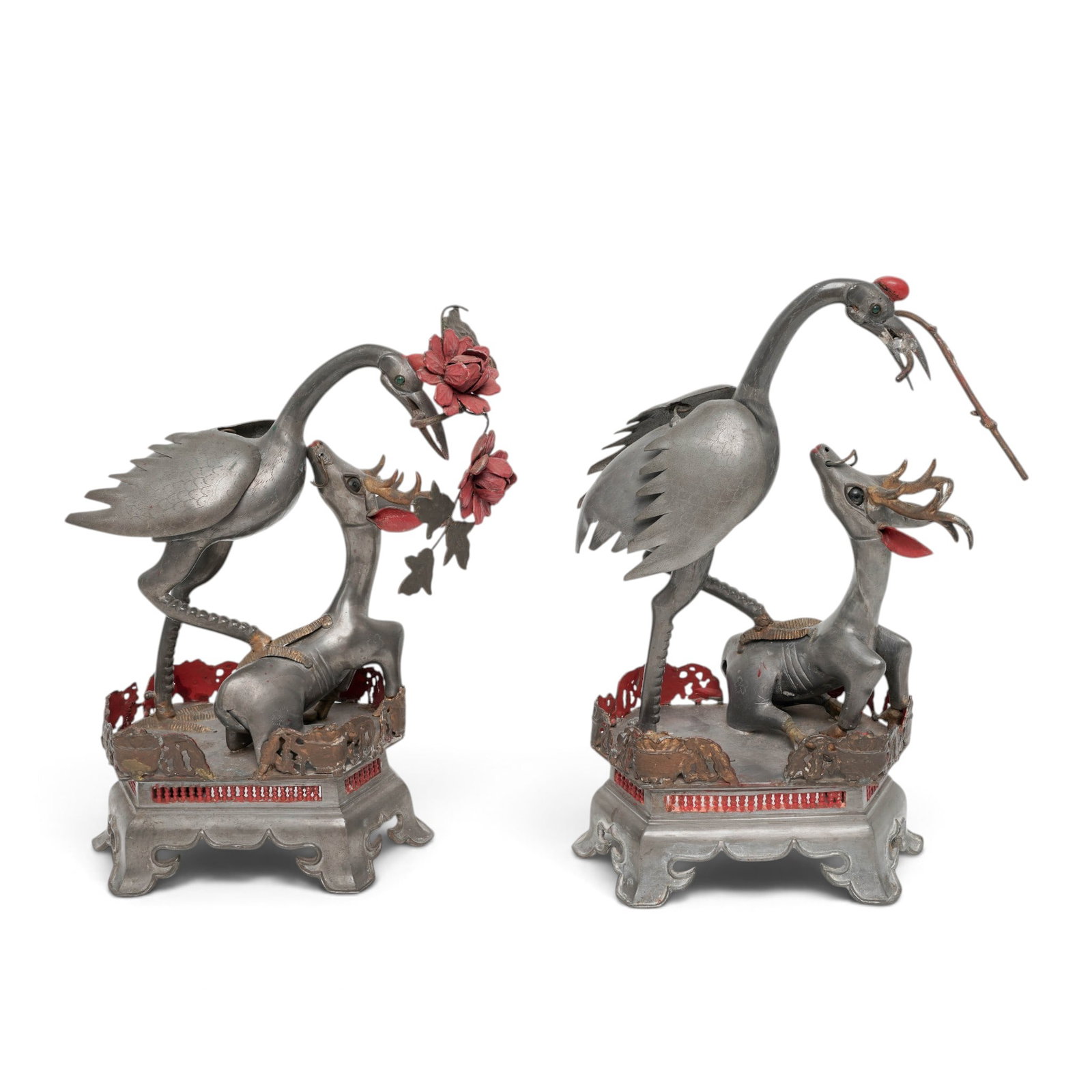 Pair Chinese Pewter Deer & Crane Altar Pieces (1 of 19)
