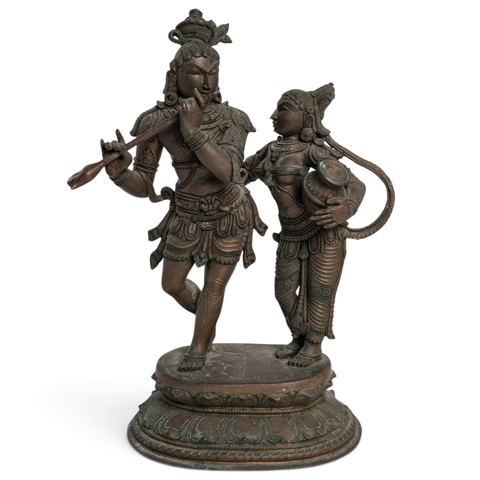 Indian Bronze of Krishna Playing Flute & Female Attendant Mounted Lotus Base (1 of 16)