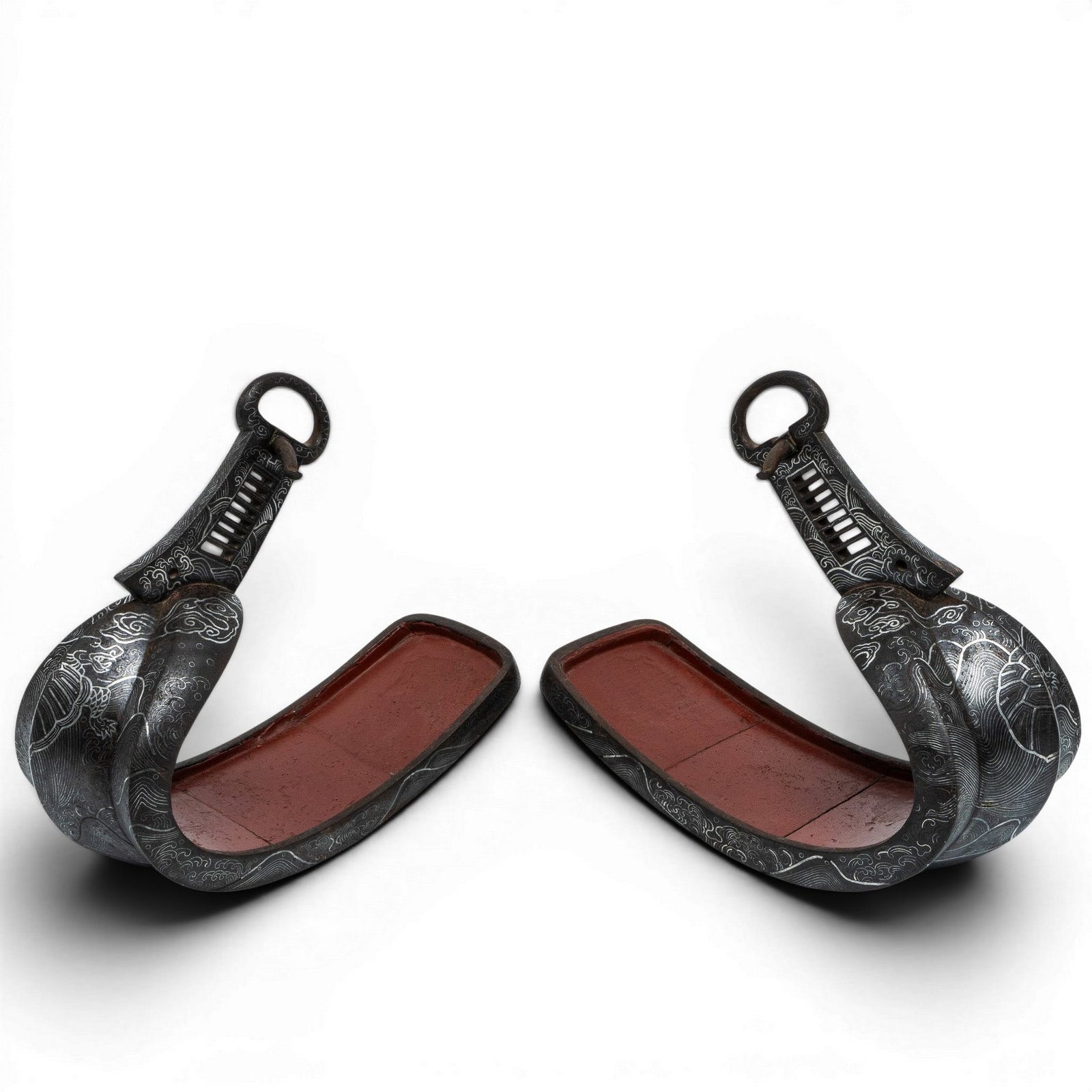 Pair of Japanese Iron and Silver Inlay Stirrups, Abumi: Pair of Japanese Iron and Silver Inlay Stirrups, Abumi 17th-18th century, Japanese This fine pair of early abumi are signed by the artist and are inlaid with waves, clouds, and swimming dragon turtles