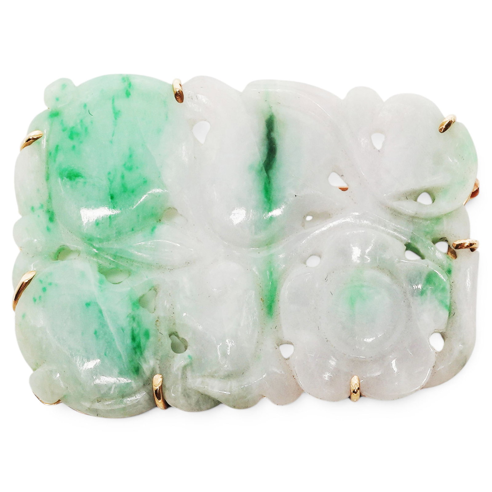 Chinese Jadeite & 14k Gold Mounted Brooch: Chinese Jadeite & 14k Gold Mounted Brooch 20th century, Chinese The jadeite is a slight lavender and apple green color with pierced flowers and fruit. It is mounted with a 14k gold frame to back and p