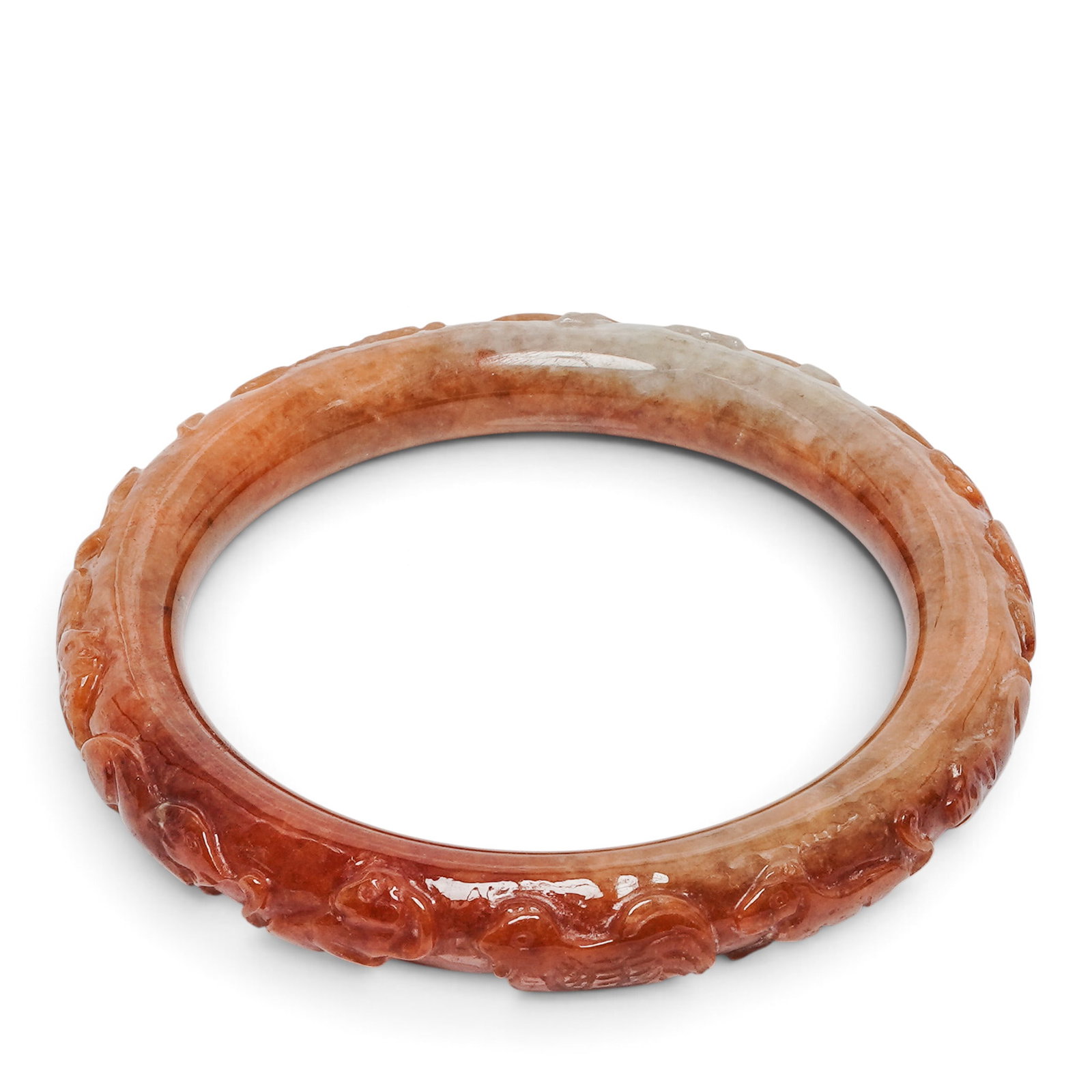 Rare Chinese Red Jadeite Zodiac Animal Carved Bangle Bracelet: Rare Chinese Red Jadeite Zodiac Animal Carved Bangle Bracelet 20th century, Chinese This bangle is carved with all twelve zodiac animals in low relief with high quality polish. A very unusual and rare