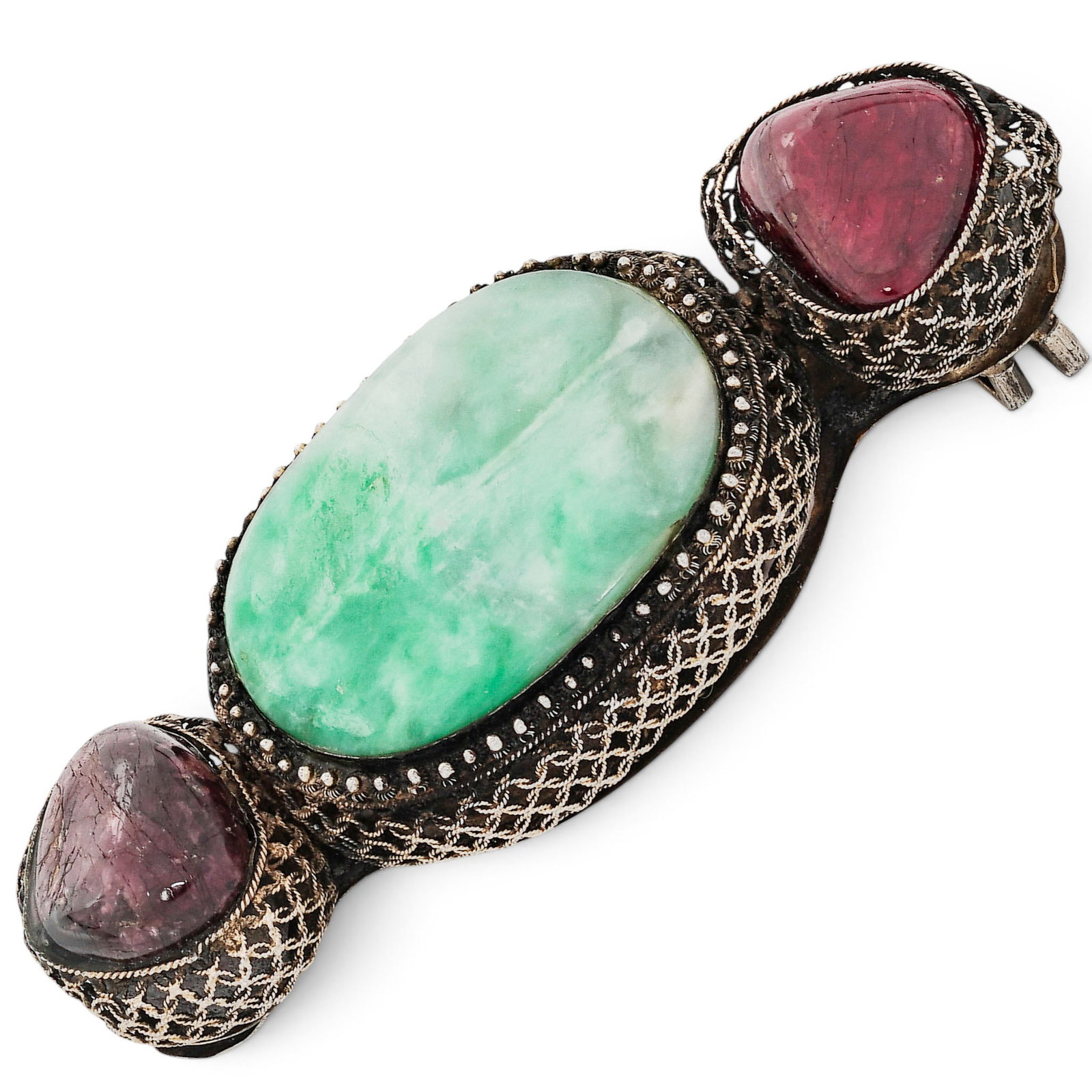 Chinese Qing Dynasty Silver Filigree Jadeite & Gem Belt Hook (1 of 7)