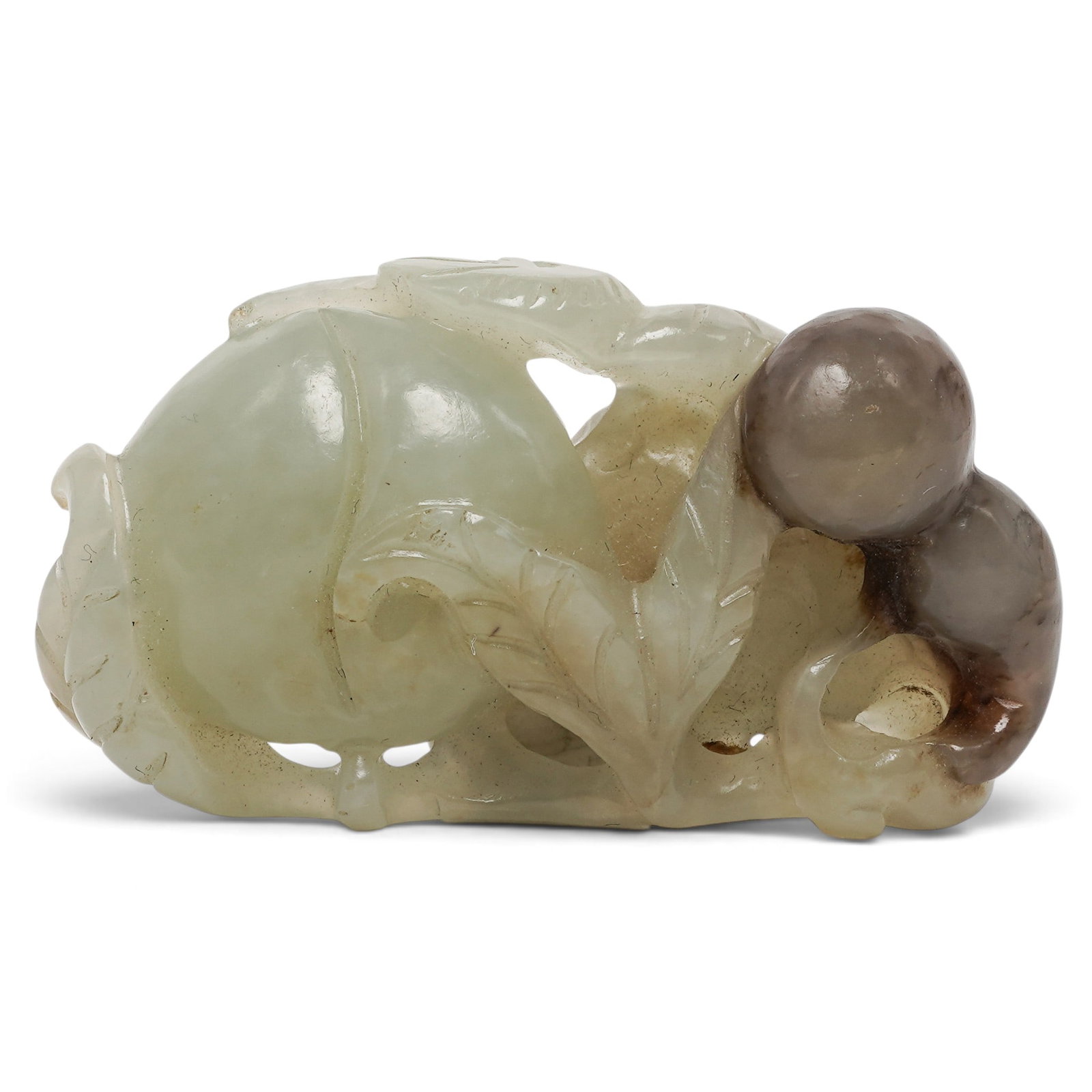 Chinese Two Color Jade Peaches & Gourd Toggle: Chinese Two Color Jade Peaches & Gourd Toggle 18th-19th century, Chinese Finely carved toggle with light celadon twin peaches and bat in a darker brownish-black jade gourd. Carved in both openwork and