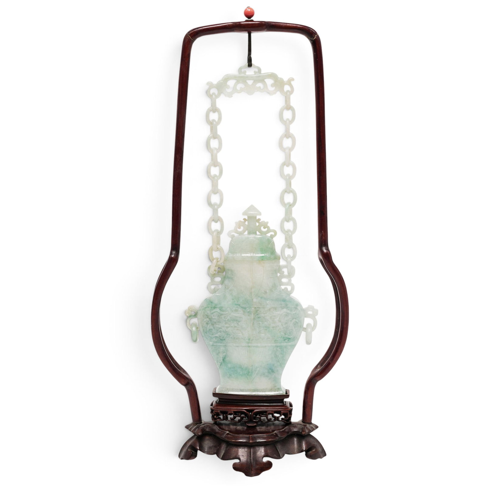 Masterpiece Chinese Jadeite Hanging Vase w/ Lid, Chain & Ring Handles: Masterpiece Chinese Jadeite Hanging Vase w/ Lid, Chain & Ring Handles Late Qing-early 20th century, Chinese This masterpiece is all carved from one piece of transluscent jadeite in a white and light g