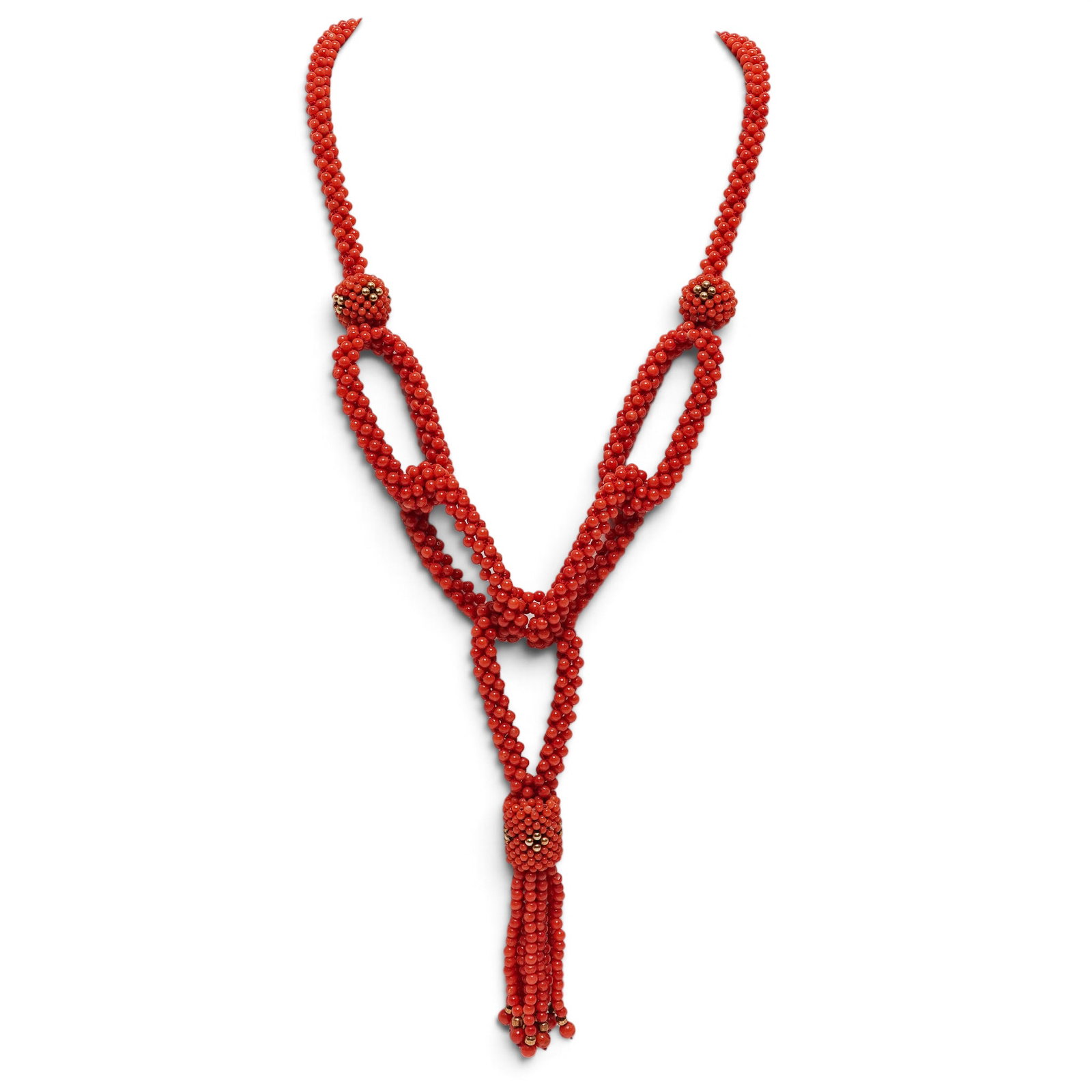 Italian Finely Beaded Coral and Gold Tassel Lariat Necklace: Italian Finely Beaded Coral and Gold Tassel Lariat Necklace 20th century, Italian Beautiful natural coral necklace fine beads stitched together with gold bead accents. Features a lariat or short sauto