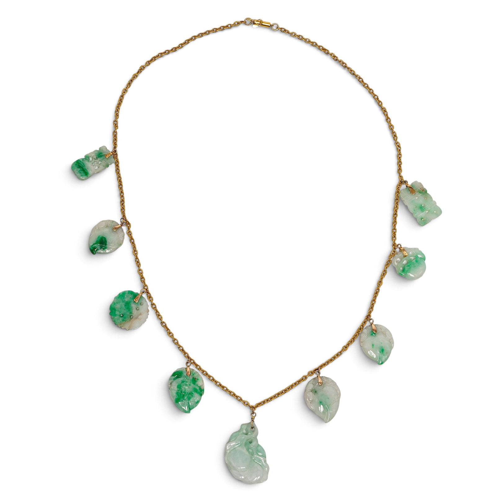 Jadeite Carved Pendants & 14k Gold Necklace: Jadeite Carved Pendants & 14k Gold Necklace 20th century, Chinese Jadeite carved pendants and 14k gold necklace. All pendants are carved from white and green jadeite with carvings of peaches, double h