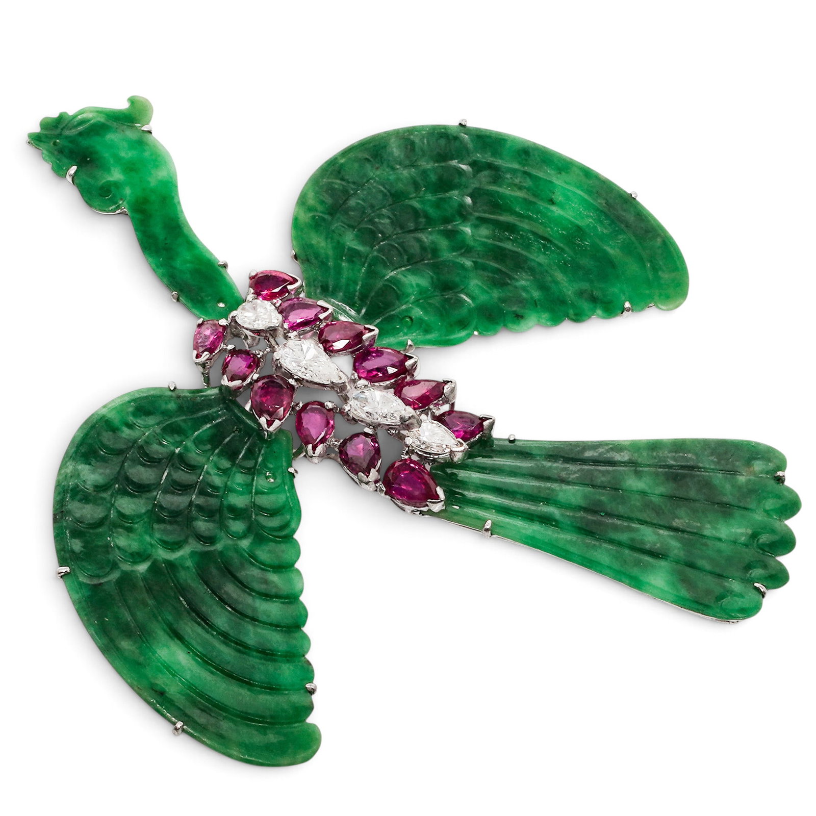 Chinese Imperial Jadeite Phoenix Brooch, Rubies & Diamonds, 14k White Gold: Chinese Imperial Jadeite Phoenix Brooch, Rubies & Diamonds, 14k White Gold Late Qing dynasty, Chinese An Imperial jadeite phoenix brooch with ruby and diamond accents and a 14k white gold backing. Jad