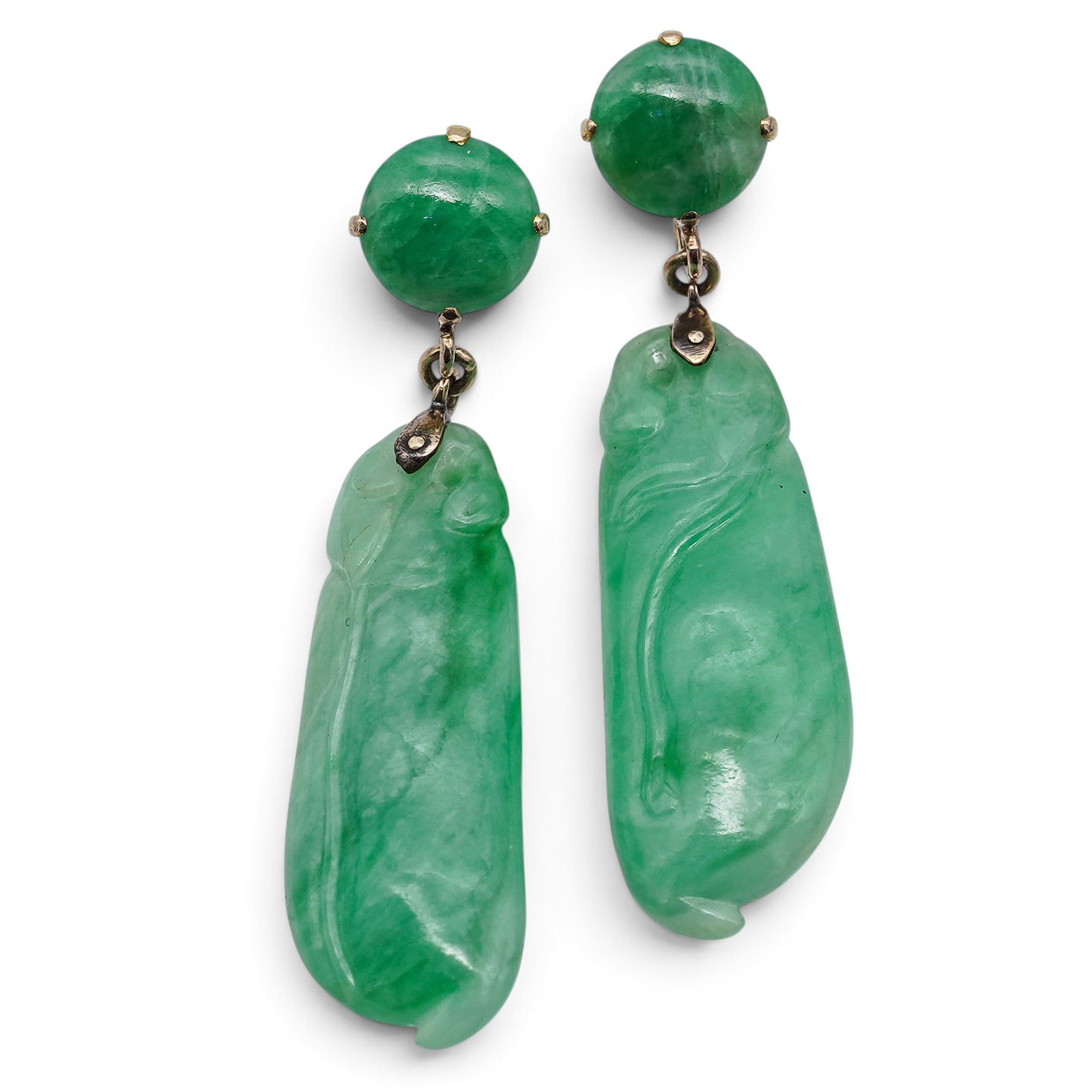 Matched Pair of Chinese Jadeite & 14k Gold Carved Pea Pod Earrings (1 of 4)