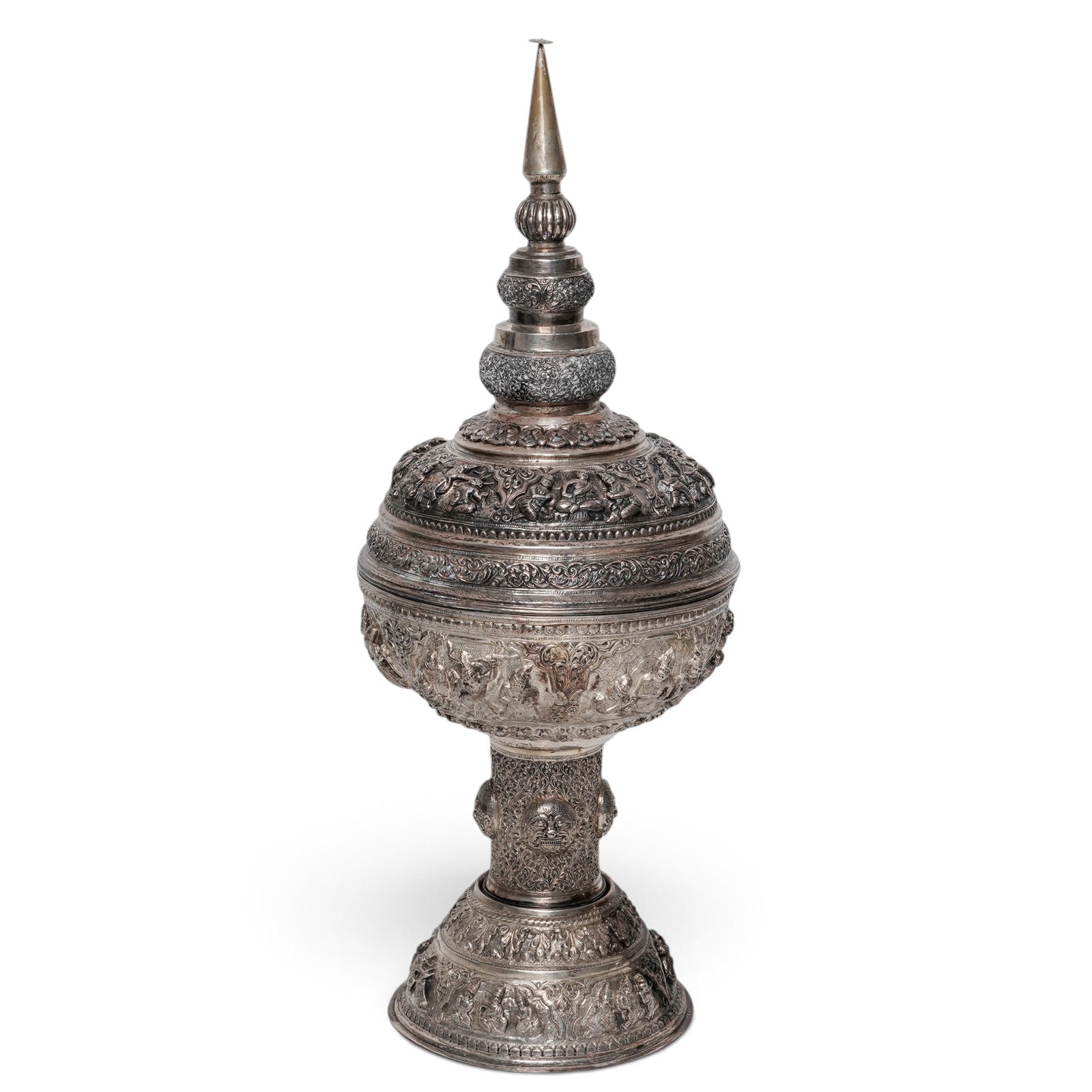 Large & Unusual Burmese Pure Silver Covered Bowl on Pedestal: Large & Unusual Burmese Pure Silver Covered Bowl on Pedestal Late 19th-early 20th century, Burmese This is a finely chased and repousse silver bowl with raised figures and bands of scroll work with fi