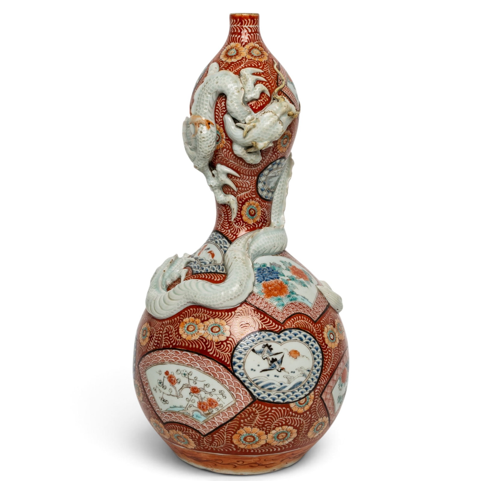 Large Japanese Arita Double Gourd Raised Dragon Vase by Hichozan Shimpo: Large Japanese Arita Double Gourd Raised Dragon Vase by Hichozan Shimpo Meiji period, Japanese A large Japanese Arita double gourd raised dragon vase by Hichozan Shimpo. The elongated double gourd sha