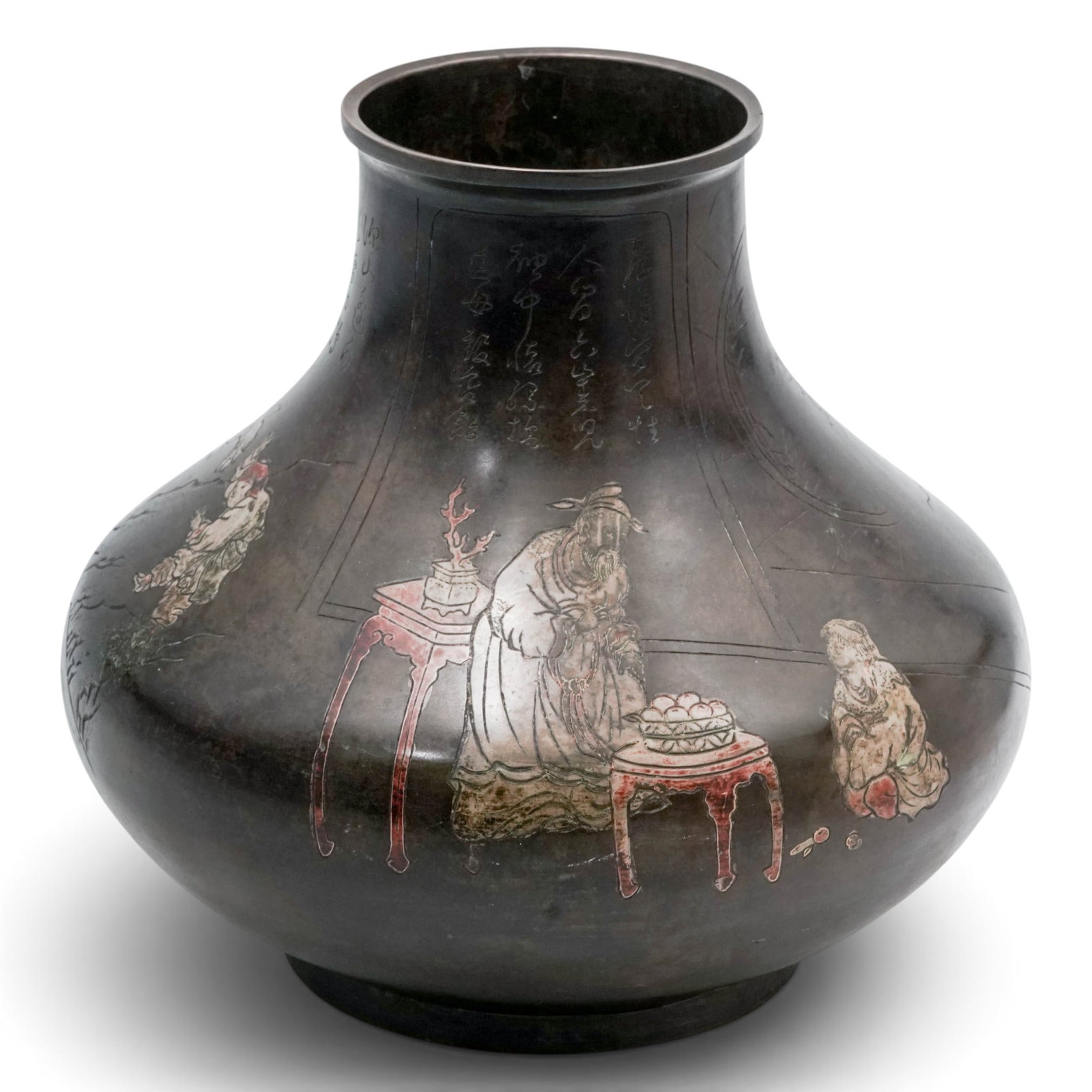 Unusual Silver Inlaid Bronze Japanese Vase w/ Calligraphy: Unusual Silver Inlaid Bronze Japanese Vase w/ Calligraphy Meiji period, Japanese Very unusual silver inlaid bronze japanese vase with calligraphy. Wide-mouth flared vase with engraved scenes, one of f
