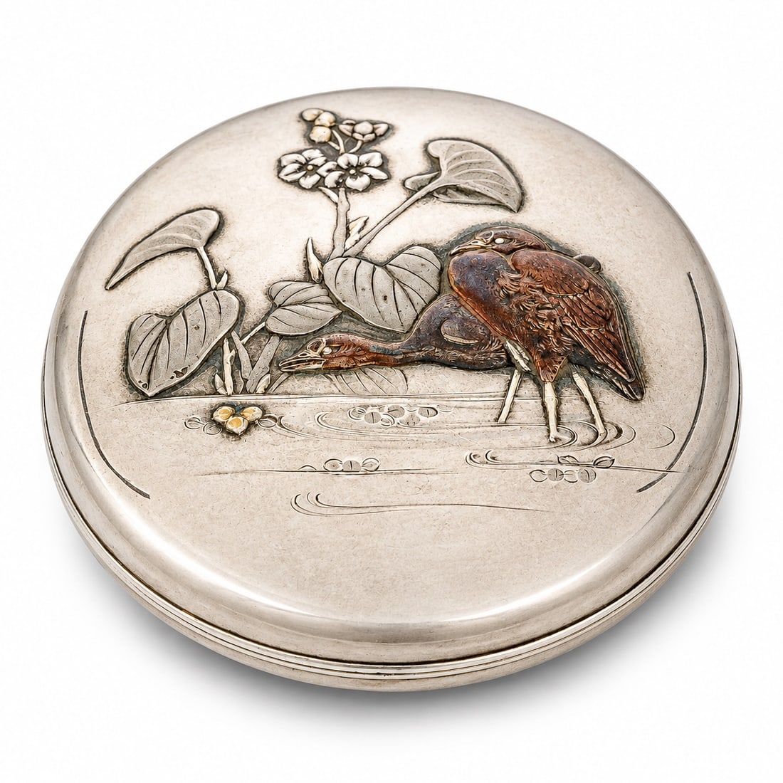 Japanese Pure Silver Box, Kogo w/ Soft Metal Inlay of Cranes, Stream, and Flowers (1 of 13)