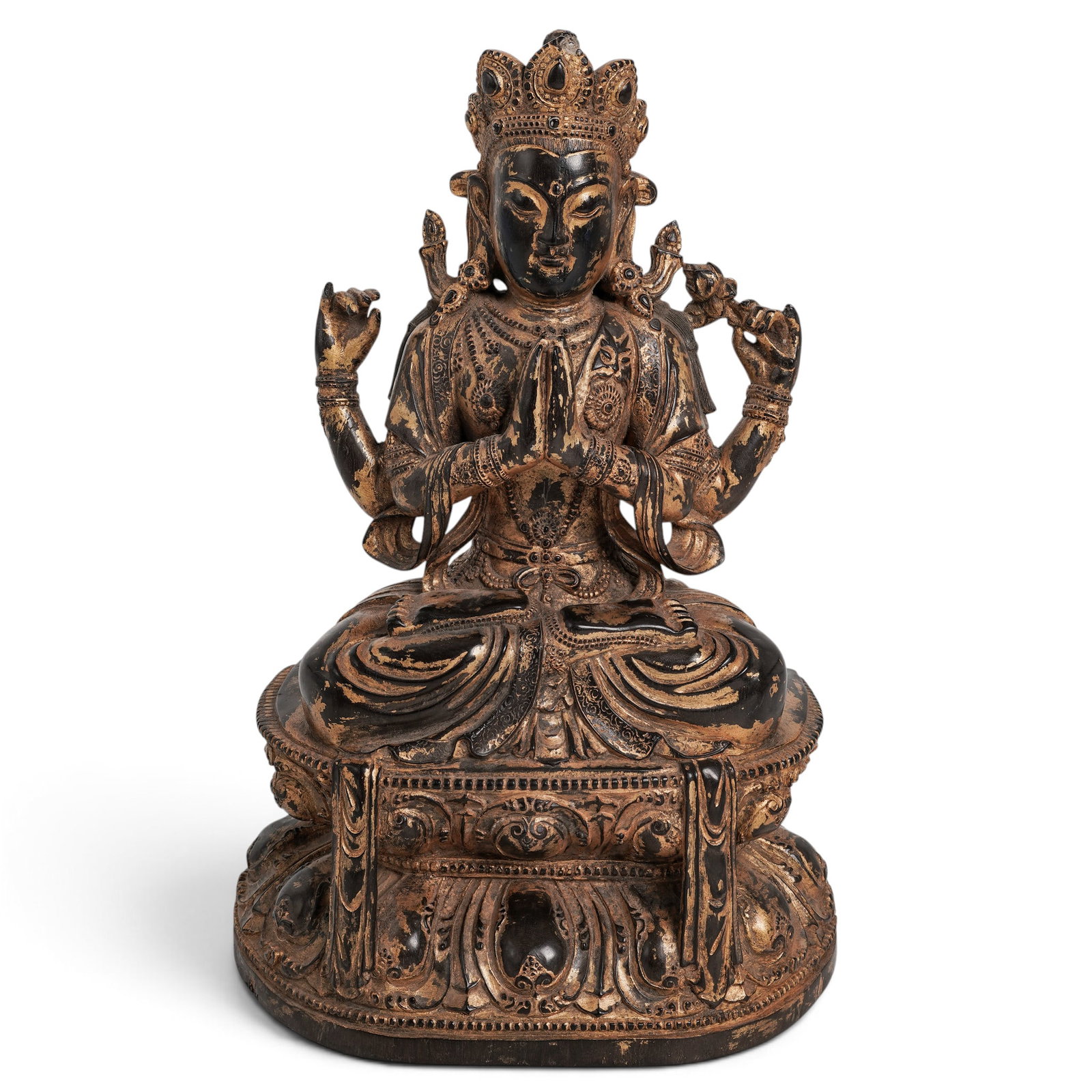 17th Cent. Chinese Gilt Zitan Wood Seated Shadashri Buddha: 17th Cent. Chinese Gilt Zitan Wood Seated Shadashri Buddha 17th century, Chinese A Chinese carved buddha composed of a Zitan wood foundation, depicting Shadashri seated atop a tiered base, completed w