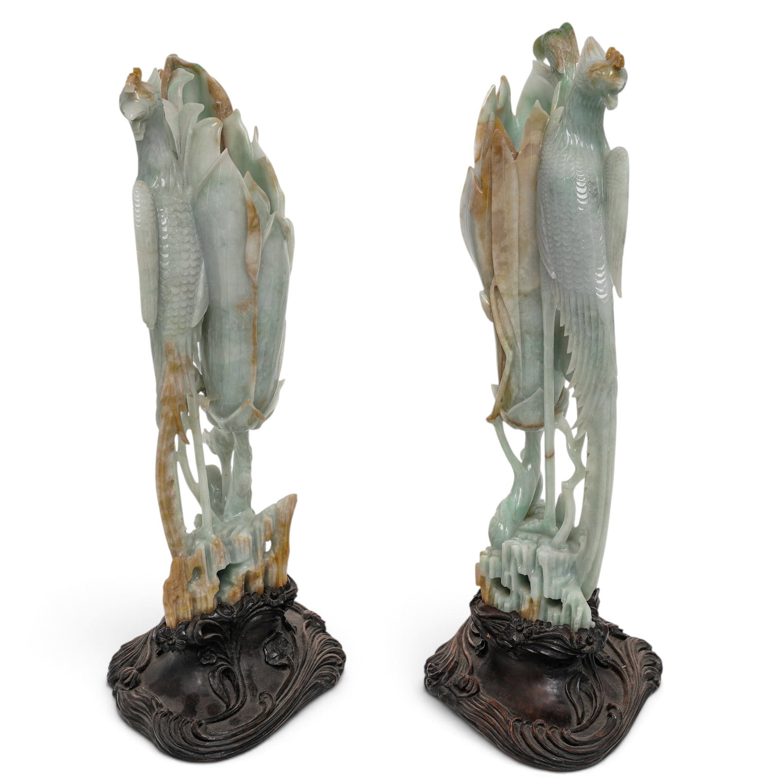 Masterpiece Chinese Jadeite Carved Phoenix & Magnolia Bloom Vases - 2
