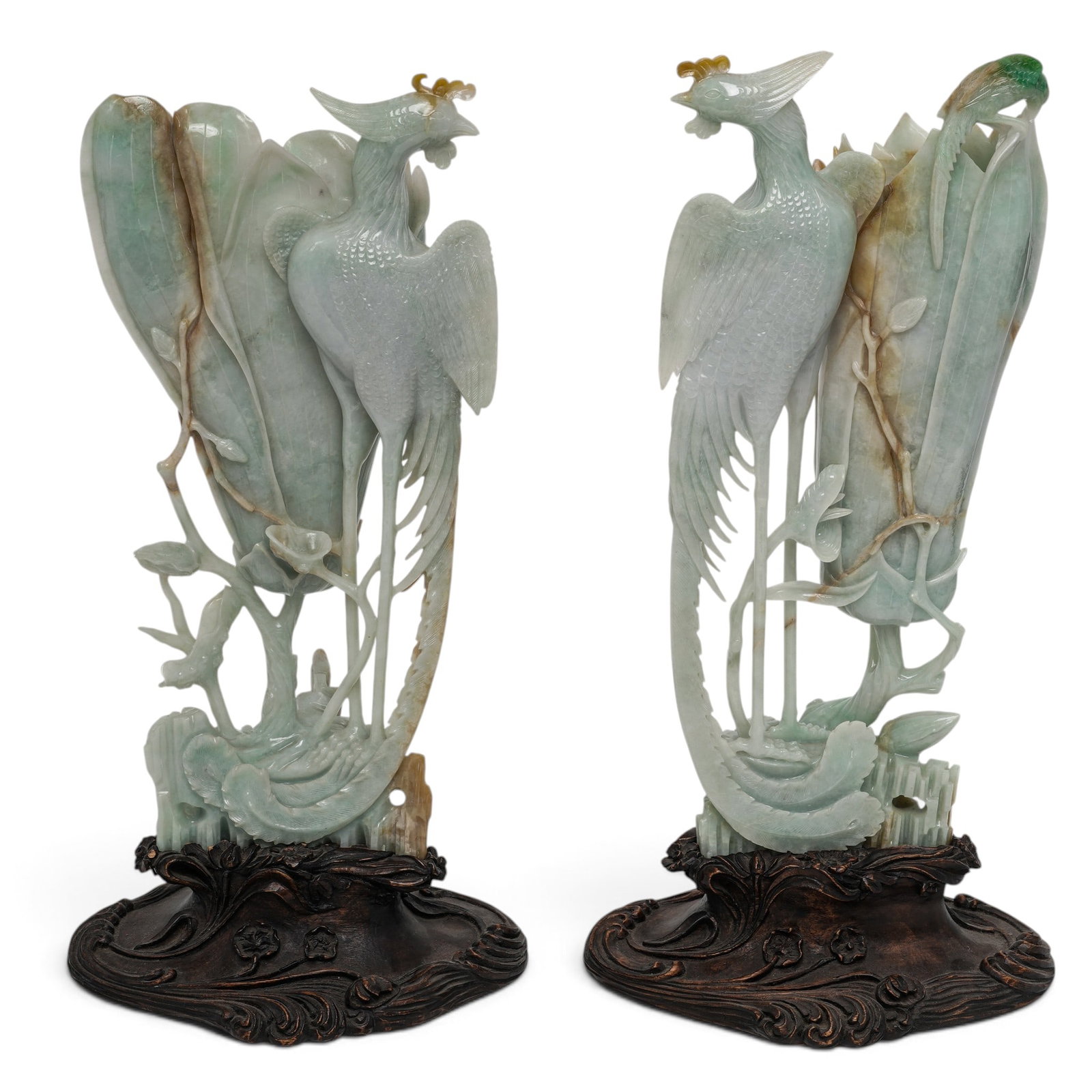 Masterpiece Chinese Jadeite Carved Phoenix & Magnolia Bloom Vases - 3