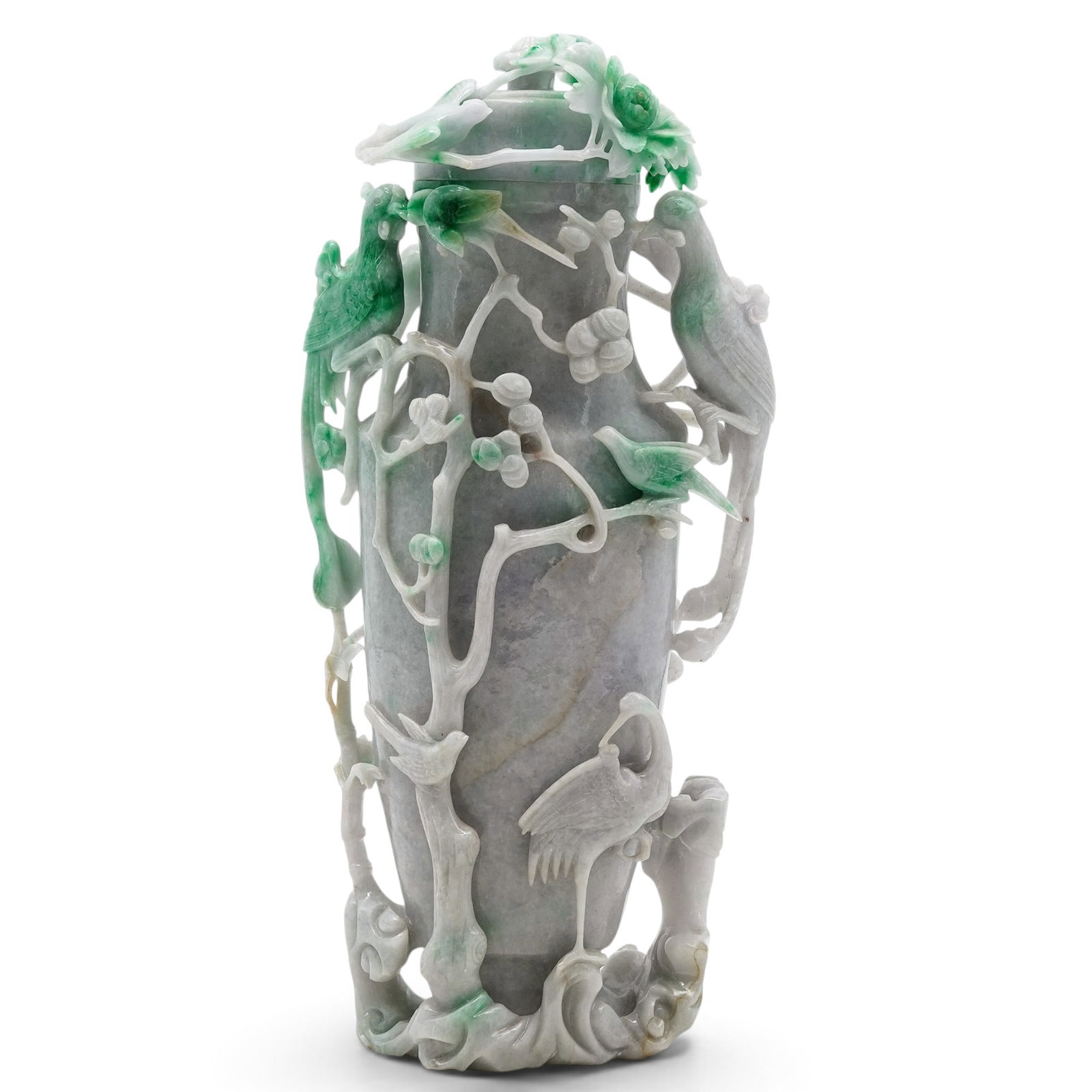 Beautiful Chinese Lavender & Apple Green Jadeite Large Covered Vase: Beautiful Chinese Lavender & Apple Green Jadeite Large Covered Vase Early 20th century, Chinese Beautifully carved jadeite vase with lavender and apple green highlights to the phoenix, small birds, pi