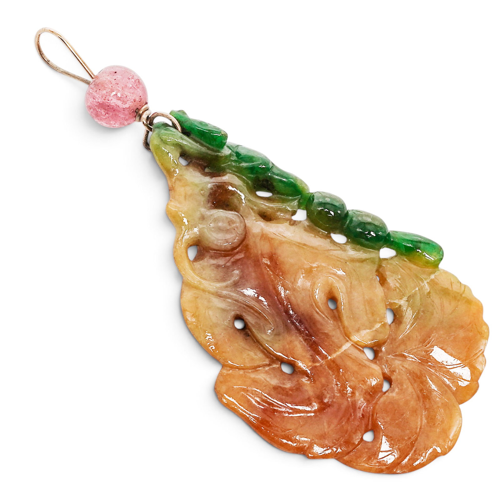 Jadeite Chinese Carved Two Color Pendant: Jadeite Chinese Carved Two Color Pendant likely late Qing-Republic period, Chinese Jadeite Chinese carved two color pendant, with small tourmaline bead. Carved with dark green squirrel and grapes to s