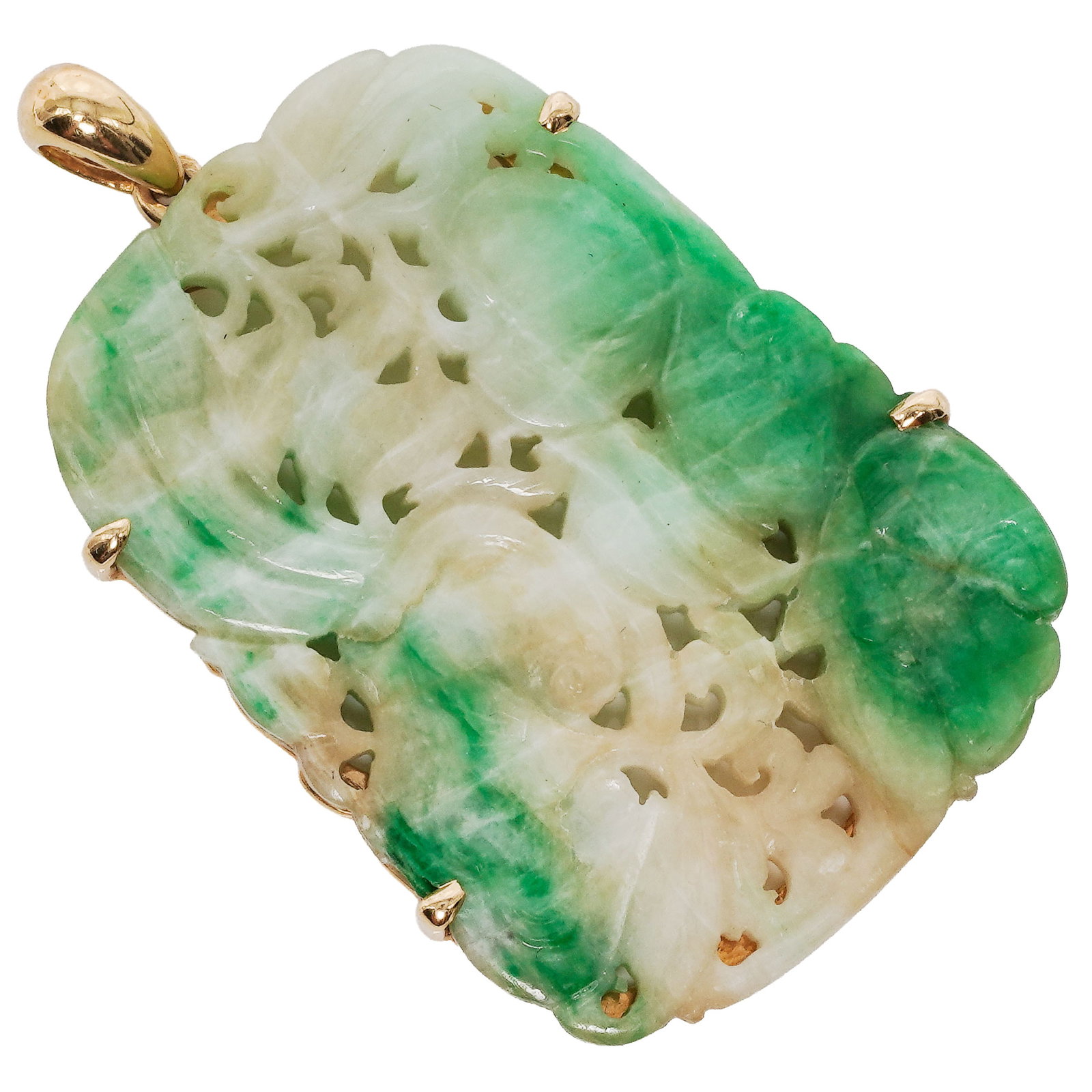 Chinese Jadeite Pierced & Carved Pendant w/ Gold Frame: Chinese Jadeite Pierced & Carved Pendant w/ Gold Frame (Jade) Late 19th Cent, China Chinese jadeite pierced and carved pendant with gold mounted frame. Carving depicts Lingzi, peaches, flying bat with