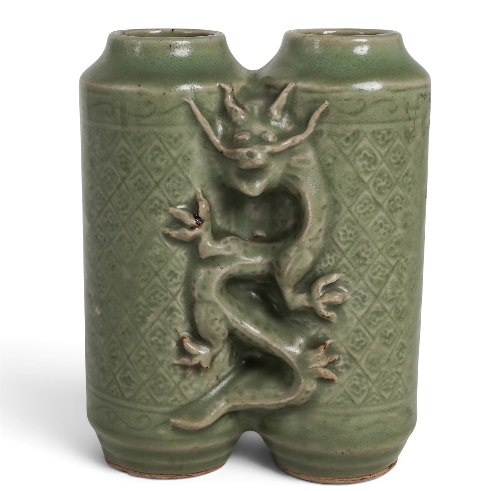 Rare Ming Longquan Conjoined Celadon Vase; Champion Vase: Rare Ming Longquan Conjoined Celadon Vase; Champion Vase Ming dynasty, Chinese The two vases are conjoined by a molded frontal dragon on one side and the other side with a phoenix with outspread wings