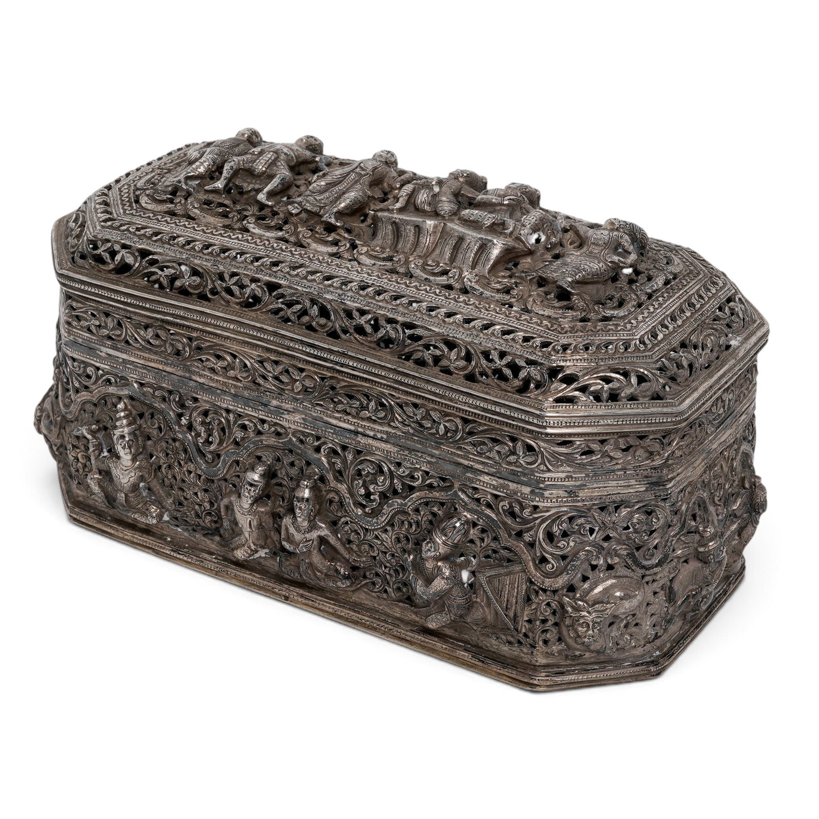 Burmese 6 Sided Silver Box w/ Raised Figures and Floral Pierced Design: Burmese 6 Sided Silver Box w/ Raised Figures and Floral Pierced Design 19th century, Burmese This finely made silver box with six raised three-dimensional figures to the top surrounded by pierced open