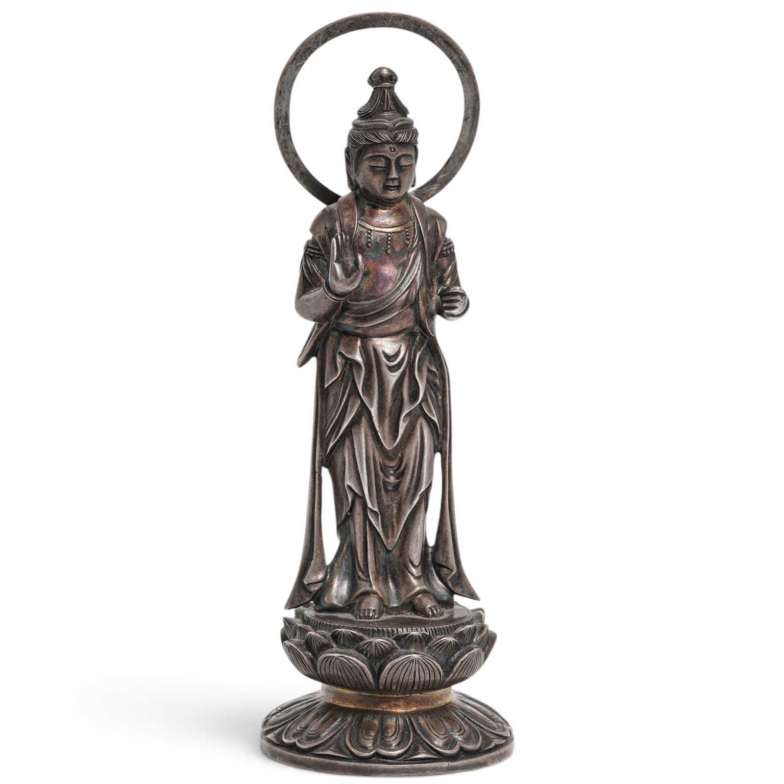 Japanese Pure Silver Kannon, Guanyin, Standing on Lotus Base w/ Halo: Japanese Pure Silver Kannon, Guanyin, Standing on Lotus Base w/ Halo 19th century (Meiji period), Japanese Japanese silver Kannon/Guanyin standing on a lotus base with halo. Weight: 130 g./4.5 oz. Tes