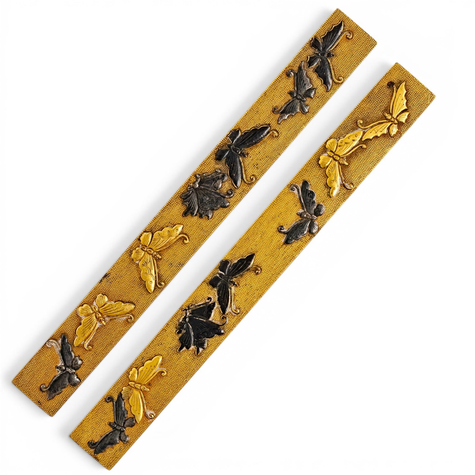 Pair Of Antique Japanese Mixed Metal Gilt Copper & Shakudo Scroll Weights (1 of 18)