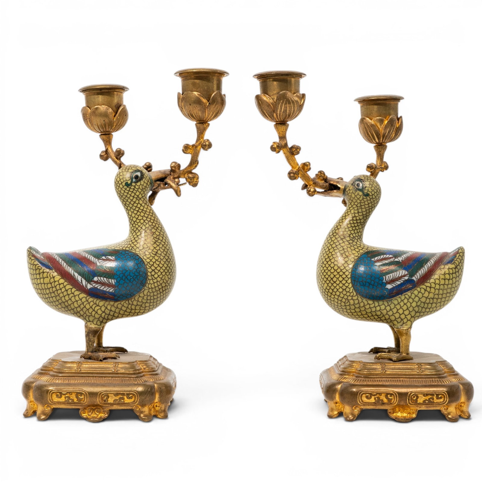Pair of Chinese Antique Cloisonne Duck Candlesticks w/ French Gilt Mounts: Pair of Chinese Antique Cloisonne Duck Candlesticks w/ French Gilt Mounts See description, Chinese w/ French mounts Pair of polychromatic cloisonne ducks, each holding a budding and flowering branch i