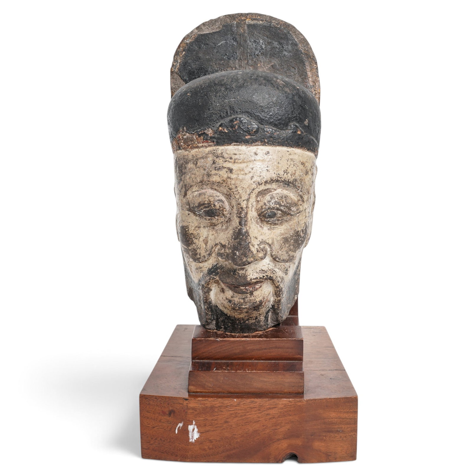 Chinese Yuan Ming Dynasty Limestone Court Official Polychrome Portrait Head: Chinese Yuan Ming Dynasty Limestone Court Official Polychrome Portrait Head 14th-17th century, Chinese Yuan to Ming dynasty polychrome limestone sculpture of the head of a court official mounted on a 