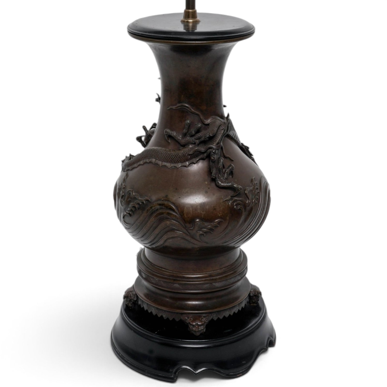 Japanese Meiji Bronze Vase w/ High Relief Raised Dragon w/ Flaming Pearl: Japanese Meiji Bronze Vase w/ High Relief Raised Dragon w/ Flaming Pearl Meiji period, Japanese Japanese Meiji bronze vase with high relief raised dragon with flaming pearl in claws and swirling relie