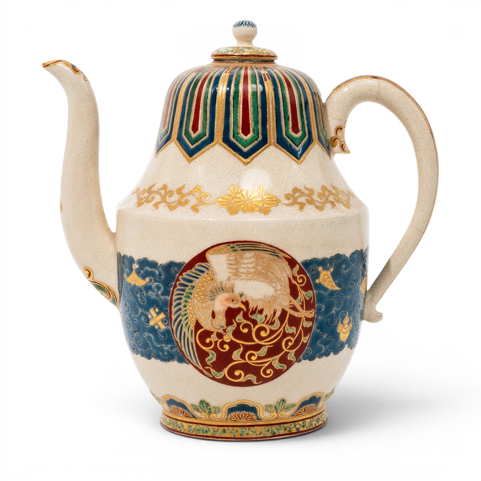 Unusual Japanese Gosu Blue Satsuma Covered Teapot: Unusual Japanese Gosu Blue Satsuma Covered Teapot 19th century (Meiji), Japanese An unusual elegant shaped satsuma teapot with finely painted detail. Red, green, blue enamel around neck. Center band w
